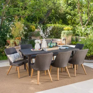 Outdoor 9 Piece Multi-brown Wicker Dining Set with Wood Finished Metal Leg - NH635103 patio chairs, outdoor seating