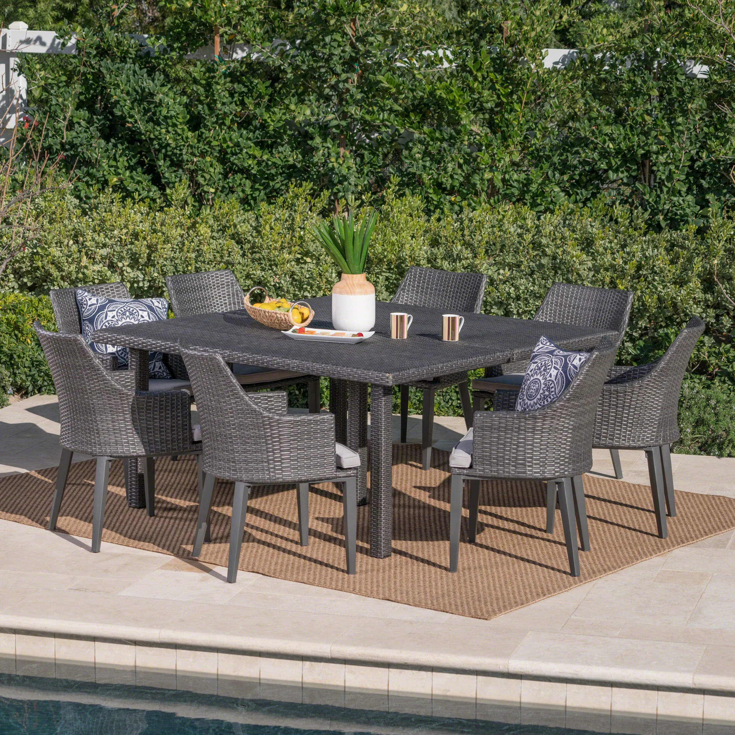 Outdoor 9 Piece Wicker Dining Set with Light Water Resistant Cushions - NH619303 patio chairs, outdoor seating