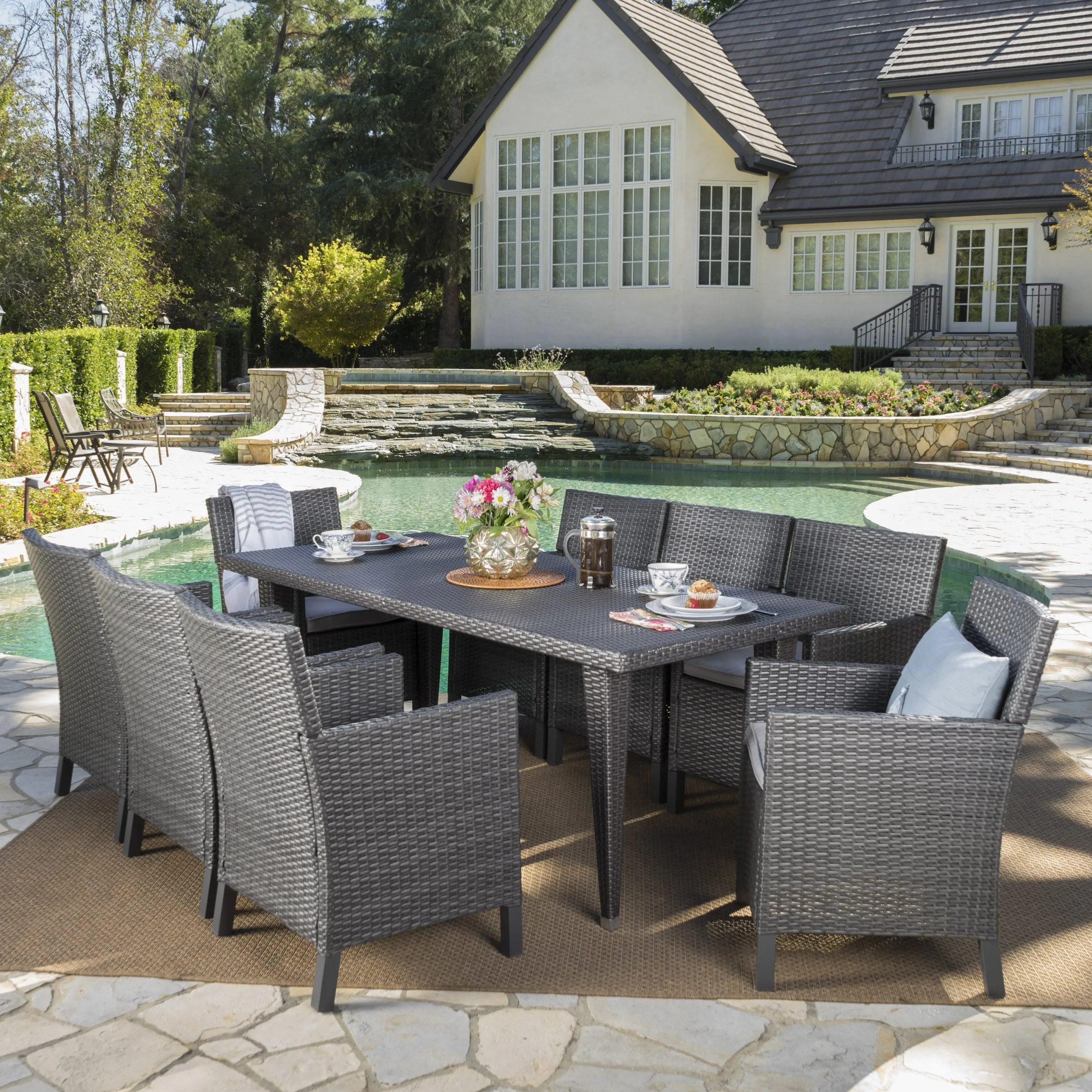 Outdoor 9 Piece Wicker Dining Set with Water Resistant Cushions - NH443203 patio chairs, outdoor seating