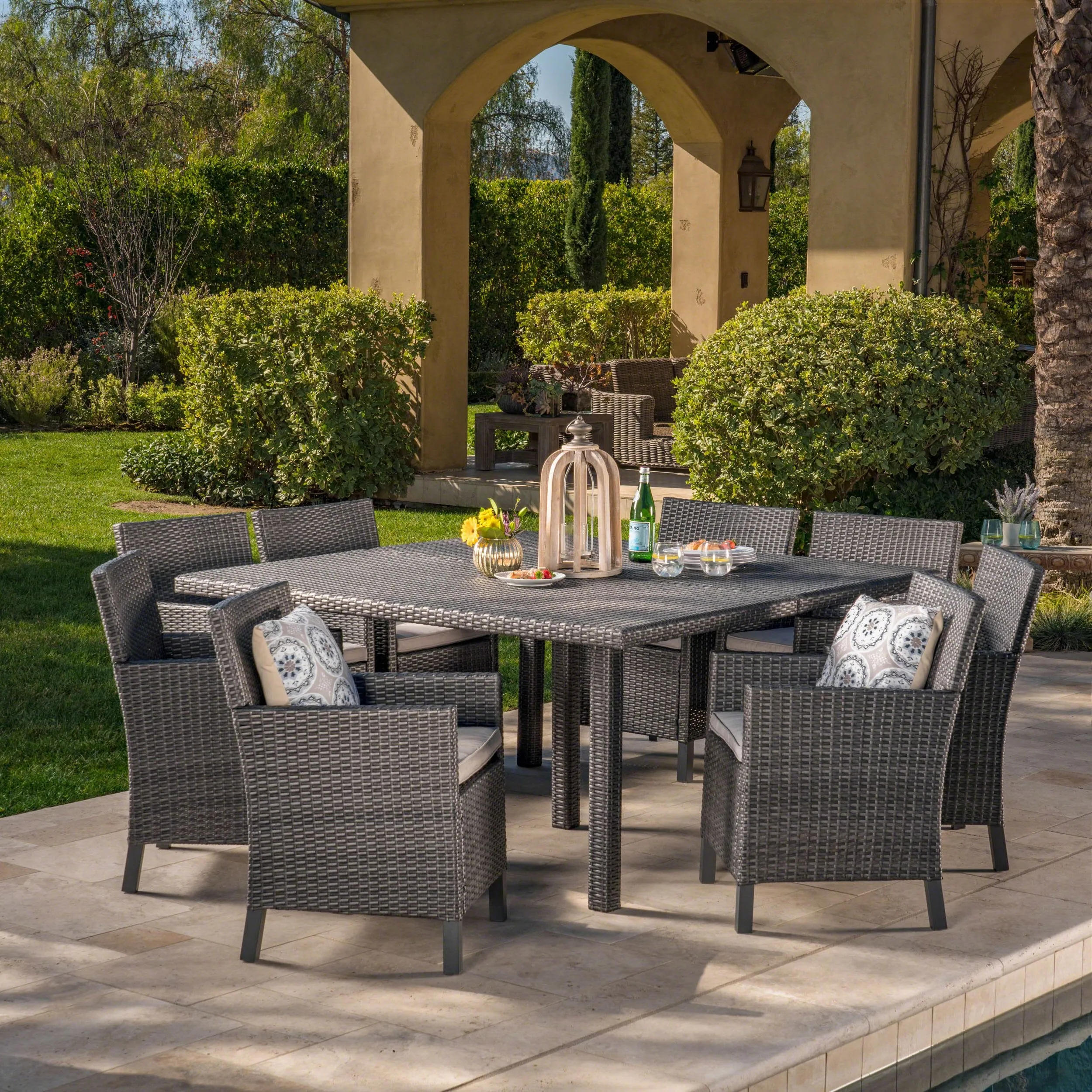 Outdoor 9 Piece Wicker Dining Set with Water Resistant Cushions - NH519303 patio chairs, outdoor seating
