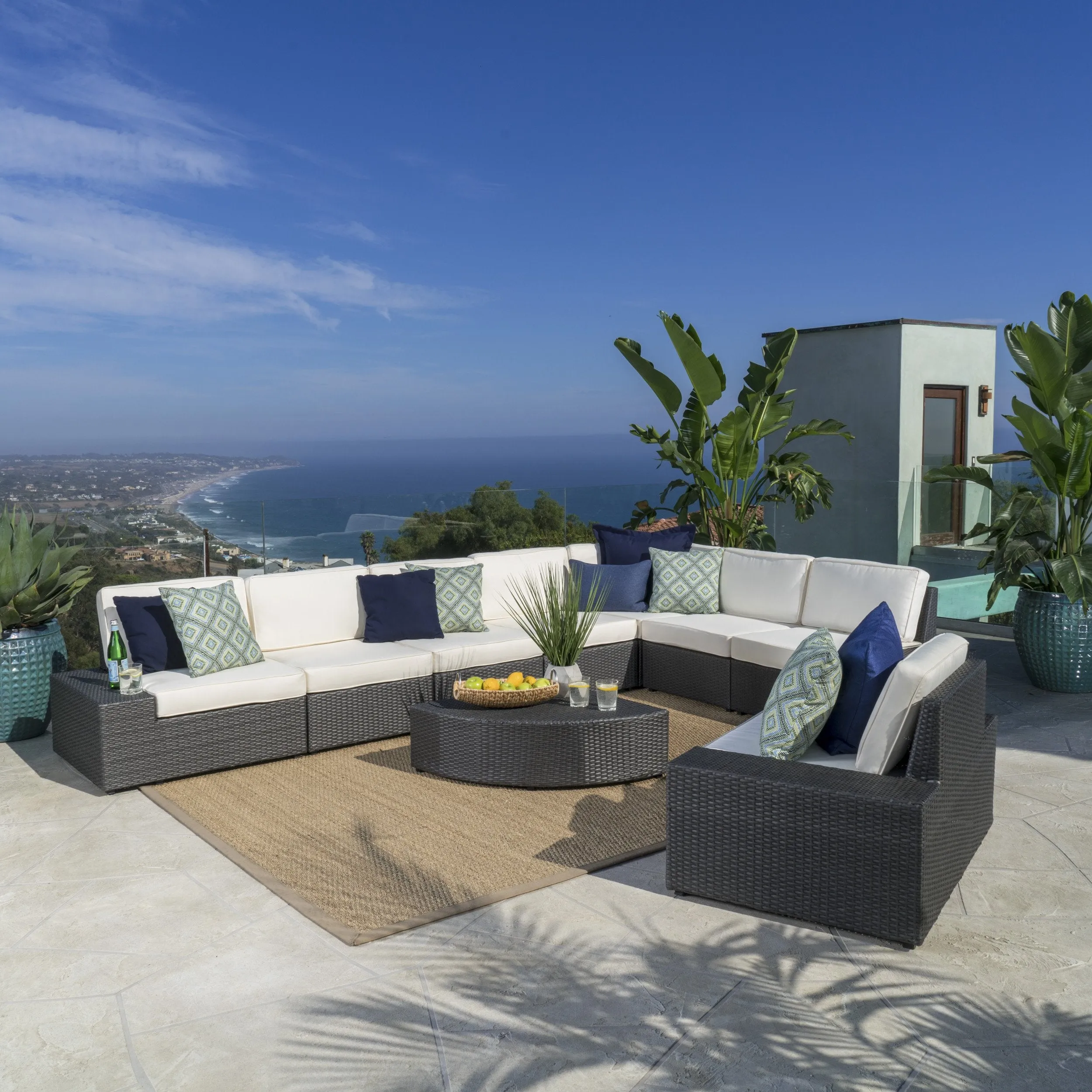 Outdoor 9 Piece Wicker Sectional with Beige Water Resistant Cushions - NH767103