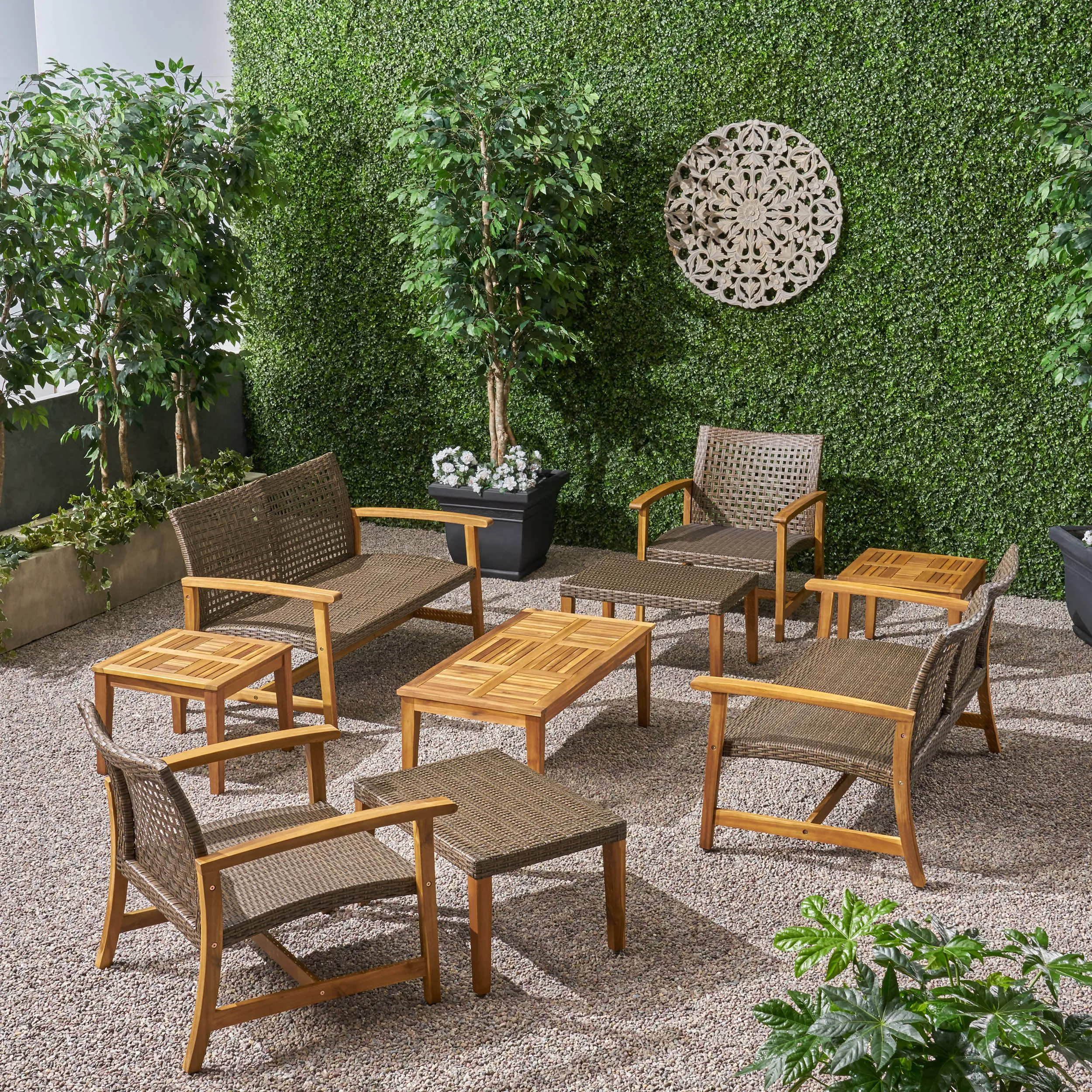 Outdoor 9 Piece Wood and Wicker Chat Set - NH671803 clothes rack, garment rack