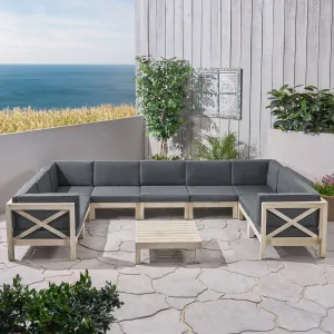 Outdoor 9 Seater Acacia Wood Sectional Sofa Set, Weathered Finish and Dark Gray - NH844803 serving bowl, serving dish