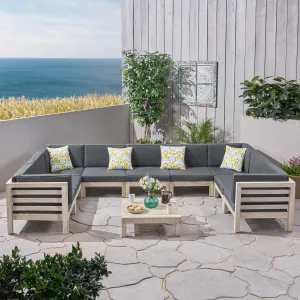 Outdoor 9 Seater Acacia Wood Sectional Sofa Set, Weathered Gray Finish and Dark Gray - NH794803 serving bowl, serving dish