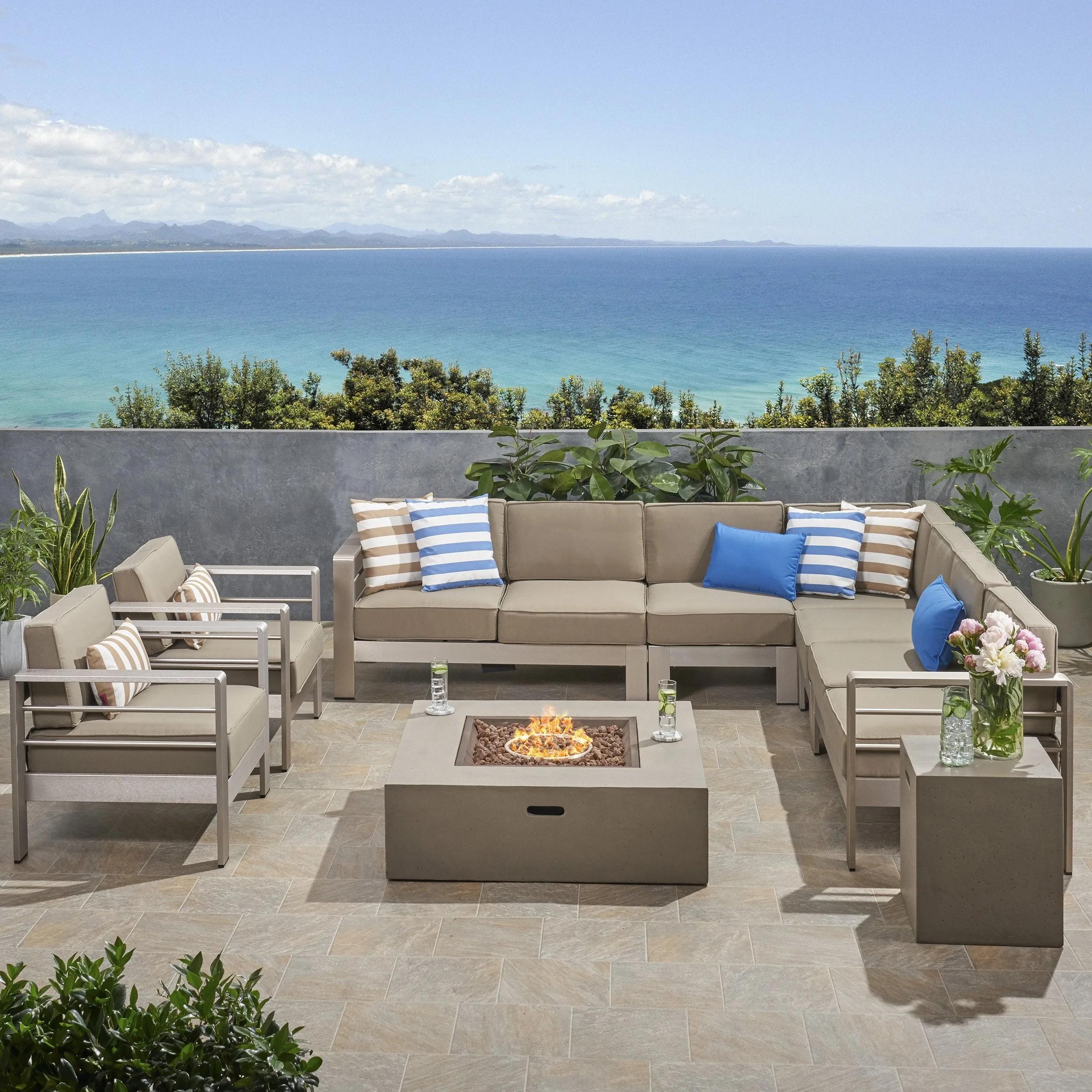Outdoor 9 Seater Aluminum L-Shaped Sofa Sectional and Fire Pit Set - NH078903 serving bowl, serving dish