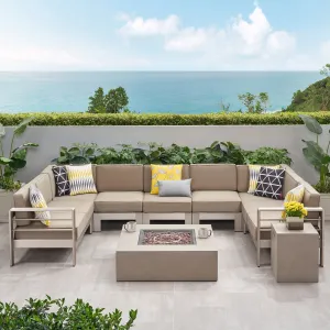 Outdoor 9 Seater Aluminum U-Shaped Sofa Sectional and Fire Pit Set - NH368903 serving bowl, serving dish