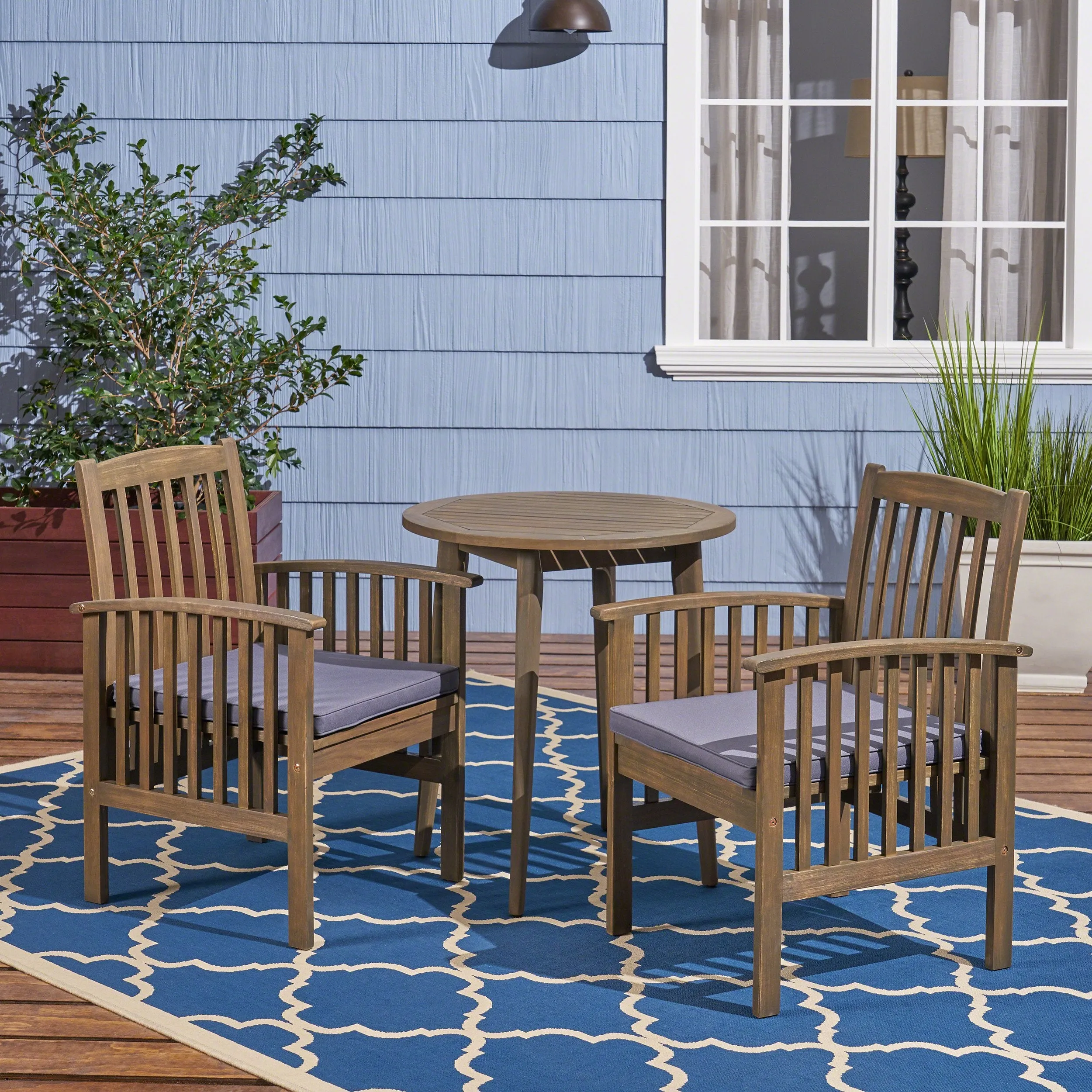 Outdoor Acacia 2-Seater Bistro Set with Cushions and 28" Round Table with Straight Legs - NH222703 patio chairs, outdoor seating