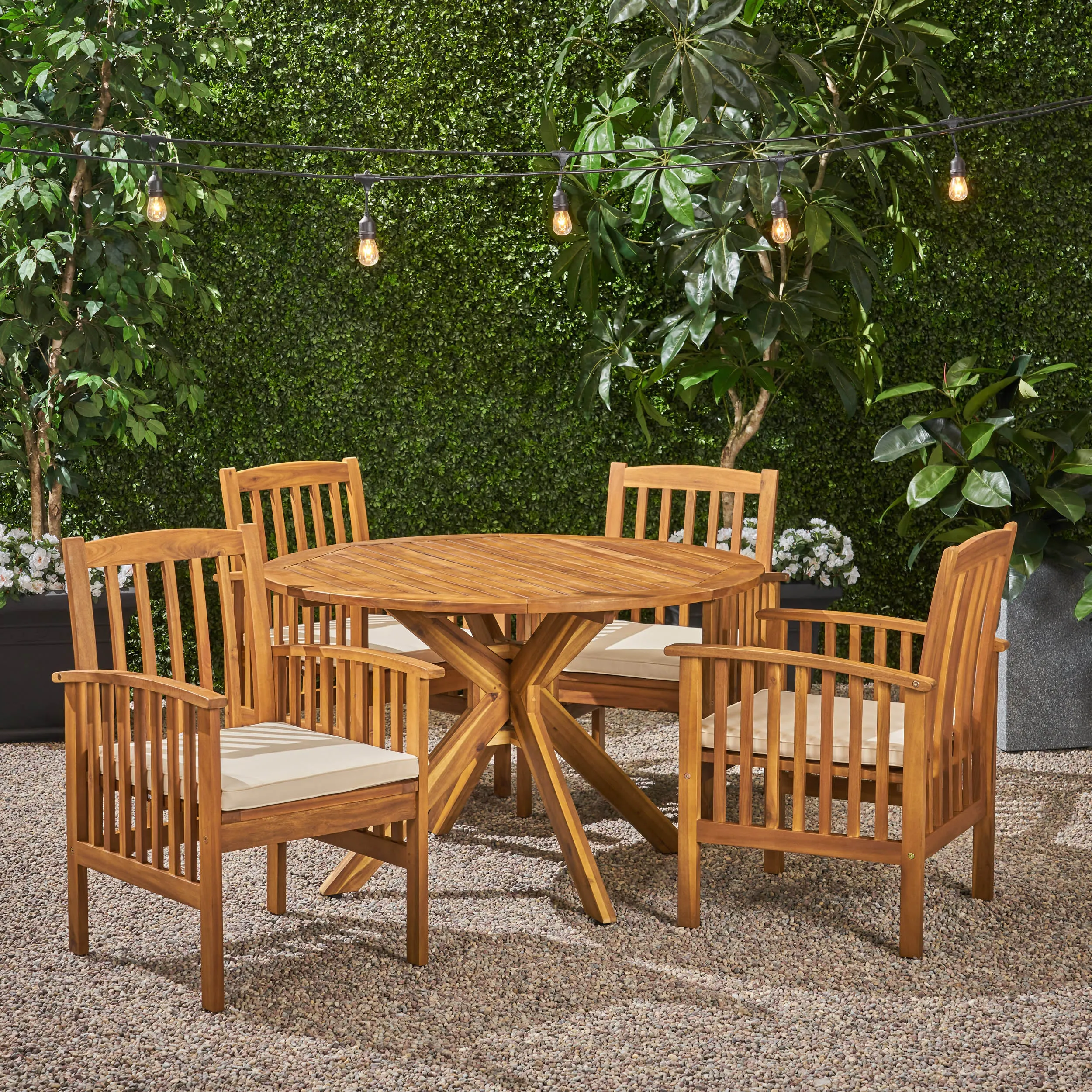 Outdoor Acacia 4-Seater Dining Set with Cushions and 47" Round Table with X-Legs - NH912703 patio chairs, outdoor seating