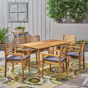 Outdoor Acacia 6-Seater Dining Set with Cushions and 59" Rectangular Table with Carved Legs - NH042703 patio chairs, outdoor seating