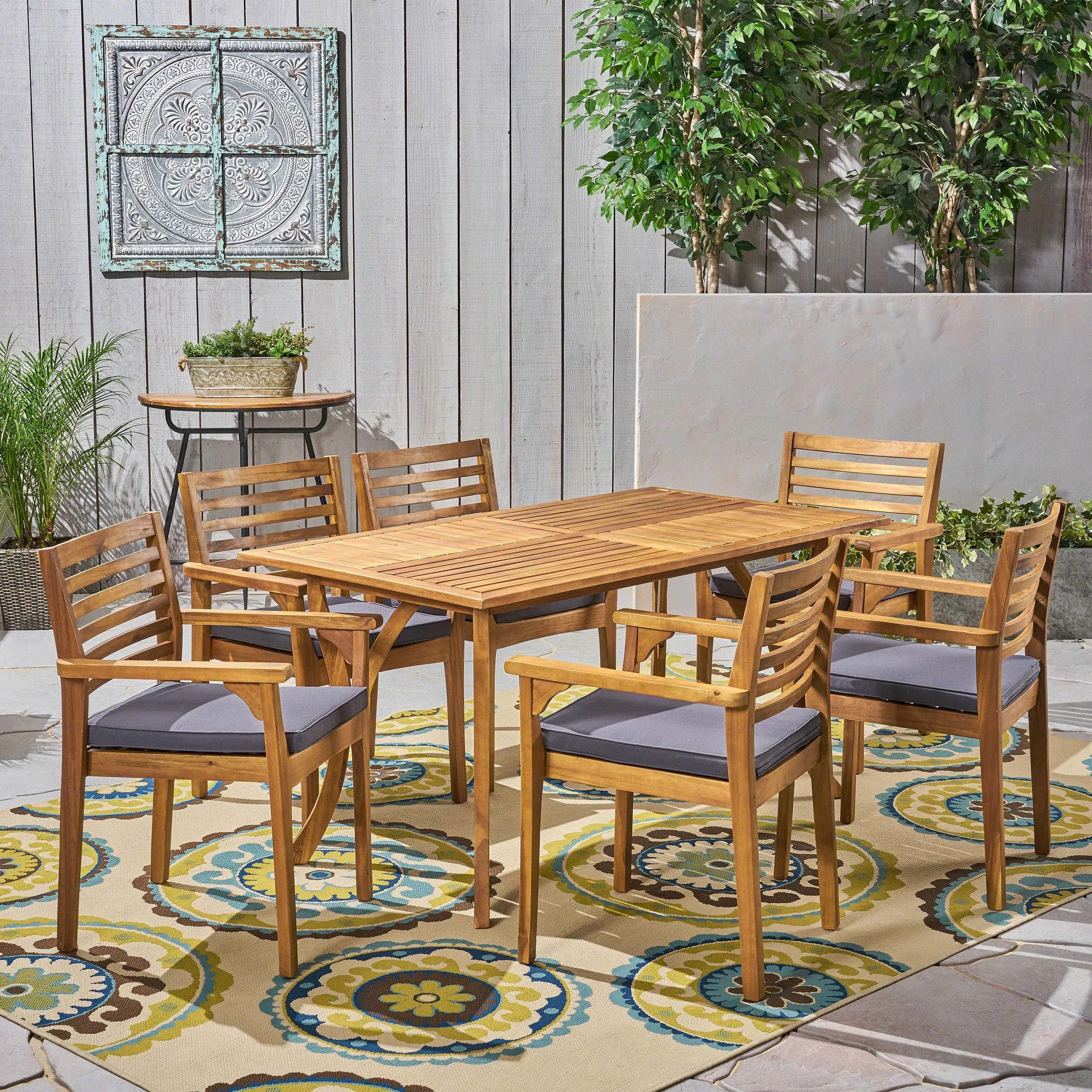 Outdoor Acacia 6-Seater Dining Set with Cushions and 59" Rectangular Table with Carved Legs - NH042703 patio chairs, outdoor seating