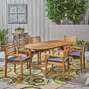 Outdoor Acacia 6-Seater Dining Set with Cushions and 70" Oval Table with Carved Legs - NH142703 patio chairs, outdoor seating