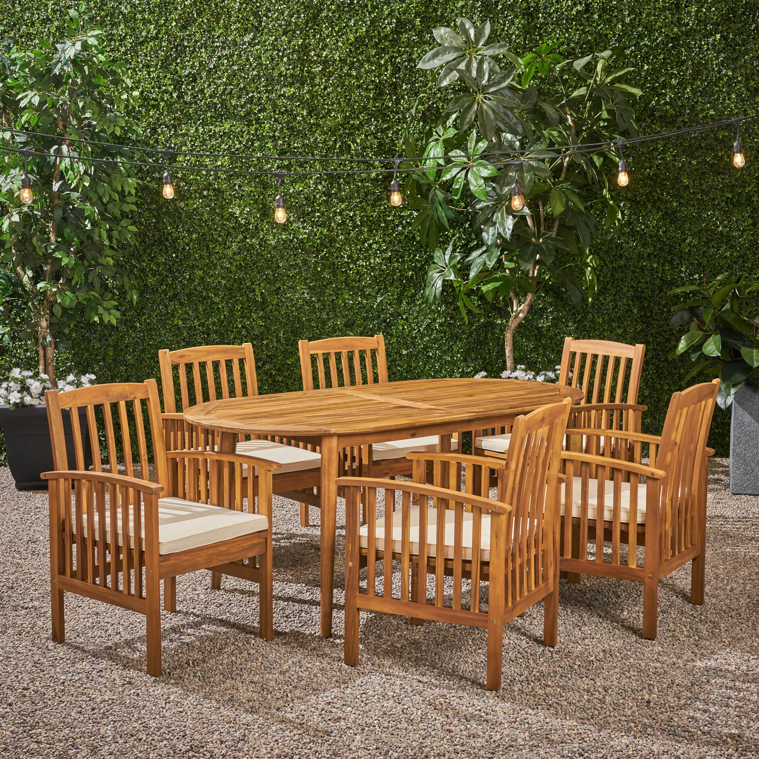 Outdoor Acacia 6-Seater Dining Set with Cushions and 71" Oval Table with Straight Legs - NH122703 patio chairs, outdoor seating
