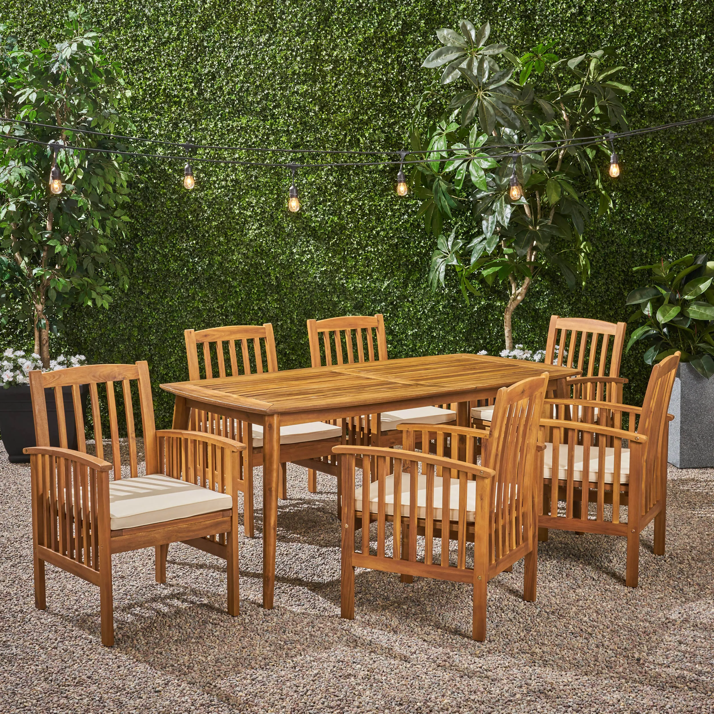 Outdoor Acacia 6-Seater Dining Set with Cushions and 71" Rectangular Table with Straight Legs - NH022703 patio chairs, outdoor seating