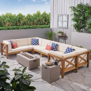 Outdoor Acacia Wood 10-Piece U-Shaped Sectional Sofa Set with Fire Pit - NH847603 serving bowl, serving dish