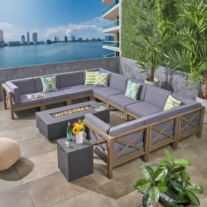 Outdoor Acacia Wood 10 Pieces U-Shaped Sectional Sofa Set with Fire Pit - NH277603 serving bowl, serving dish