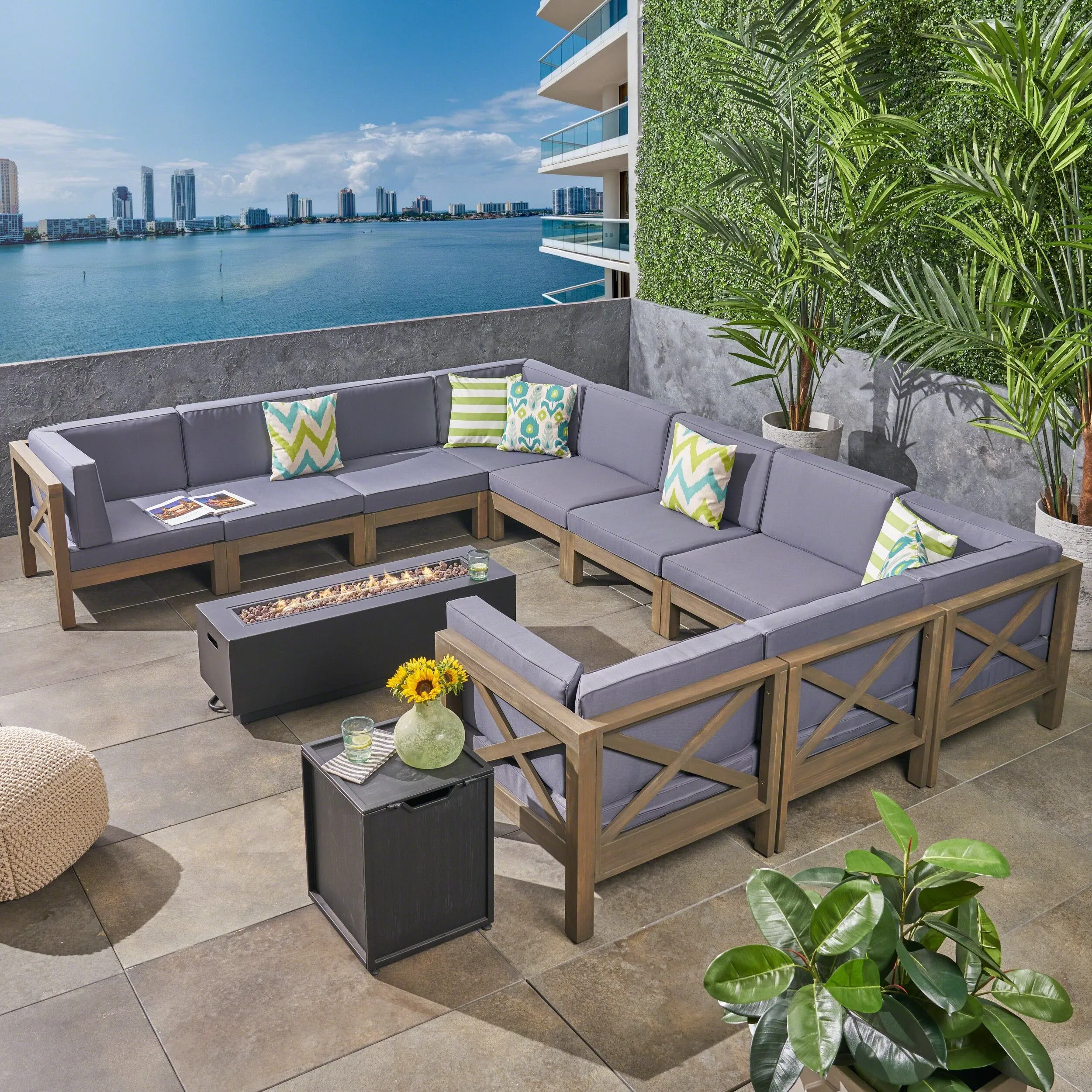 Outdoor Acacia Wood 10 Seater U-Shaped Sectional Sofa Set with Fire Pit - NH977603 serving bowl, serving dish