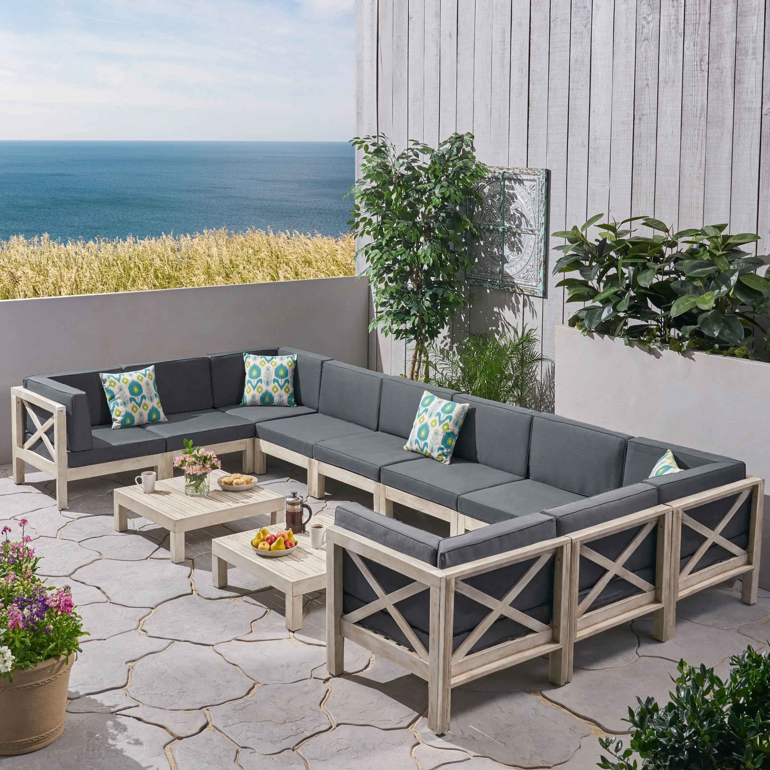 Outdoor Acacia Wood 10 Seater U-Shaped Sectional Sofa Set with Two Coffee Tables - NH267603