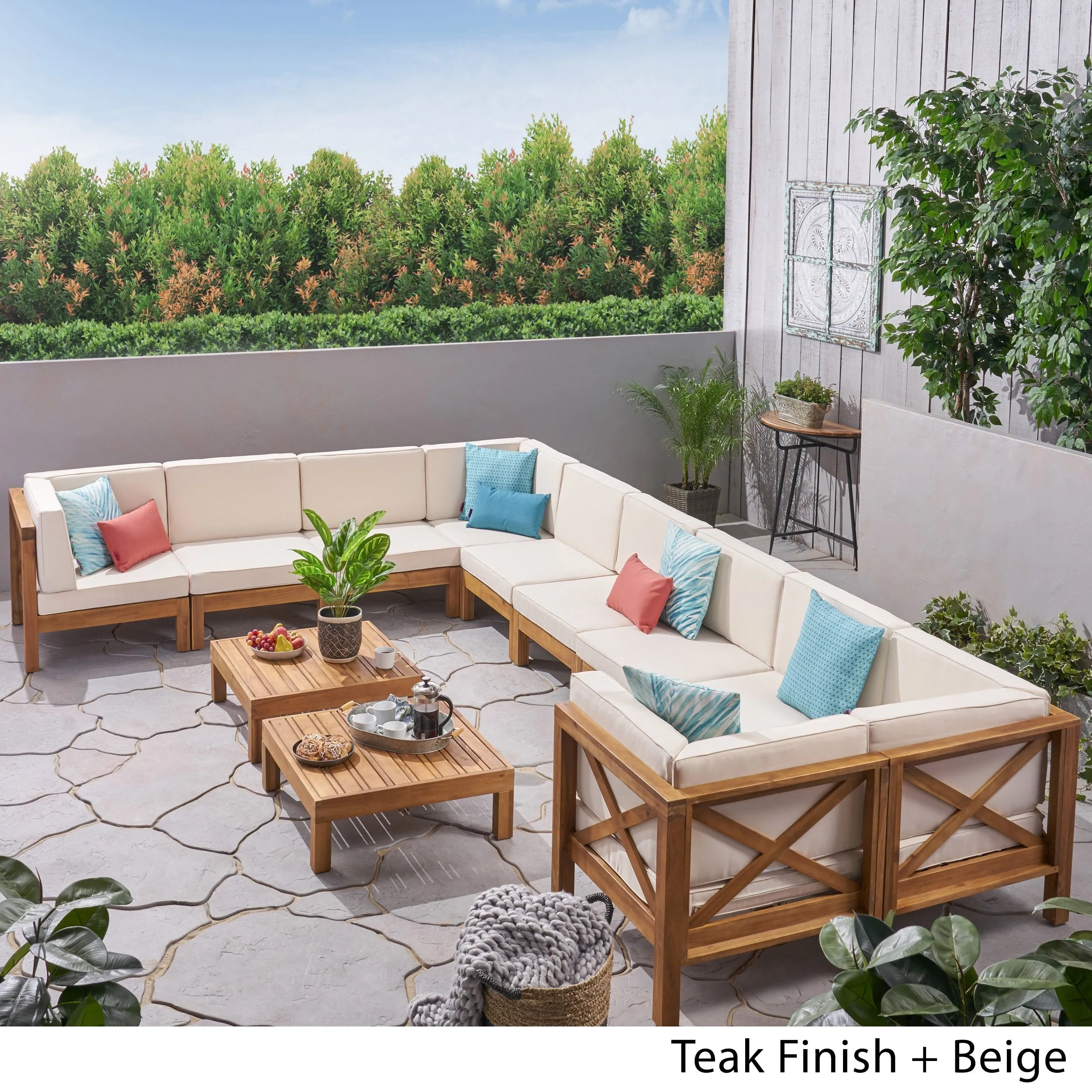Outdoor Acacia Wood 10 Seater U-Shaped Sectional Sofa Set with Two Coffee Tables - NH267603