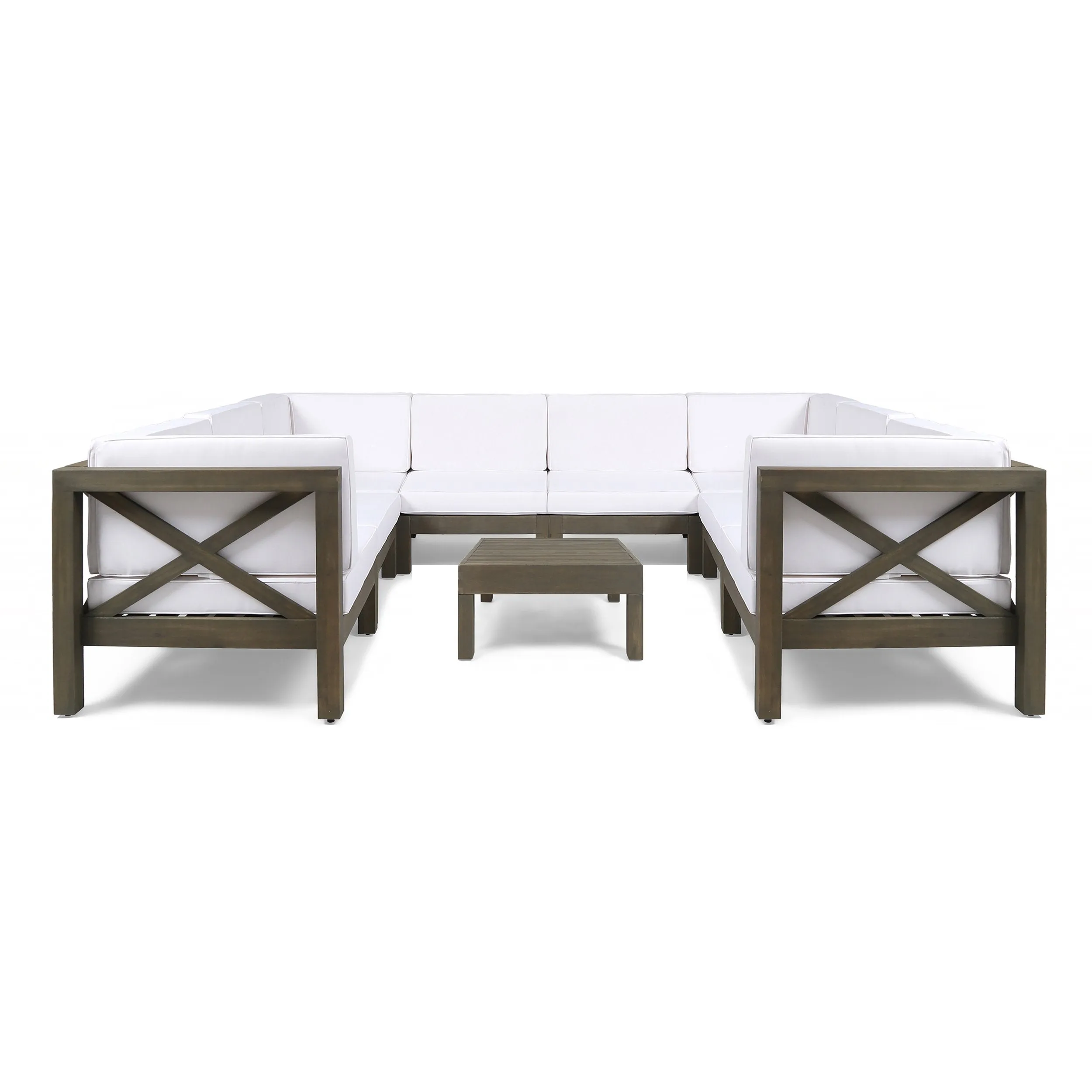 Outdoor Acacia Wood 10 Seater U-Shaped Sectional Sofa Set with Two Coffee Tables - NH567603