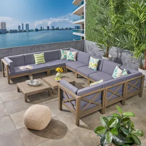 Outdoor Acacia Wood 12-Piece U-Shaped Sectional Sofa Set with Two Coffee Tables - NH467603 patio chairs, outdoor seating
