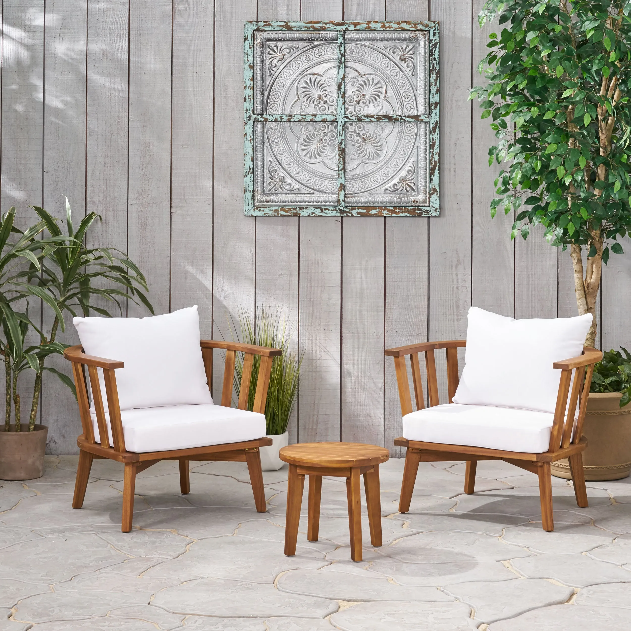 Outdoor Acacia Wood 2 Seater Club Chairs and Side Table Set - NH816903 patio chairs, outdoor seating