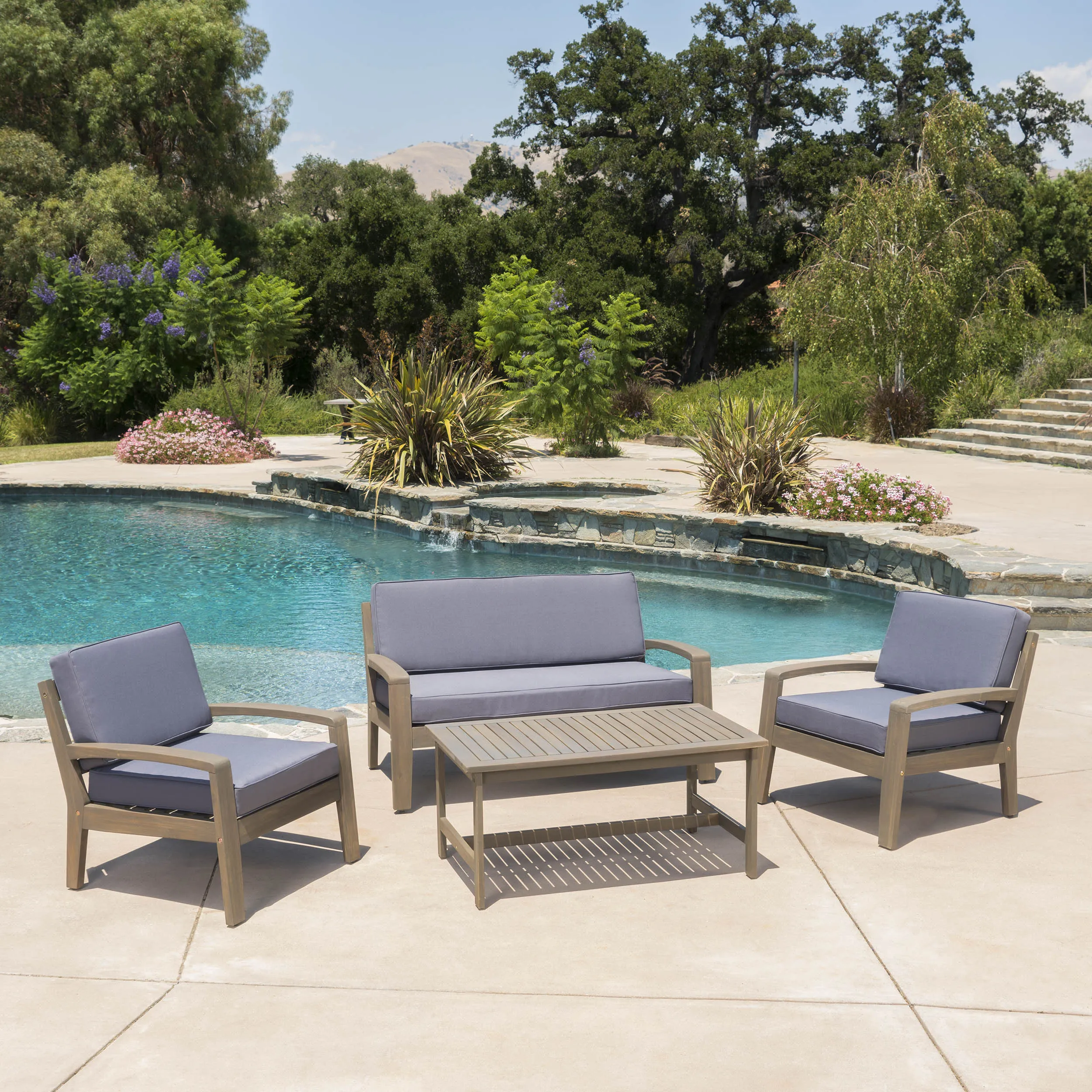 Outdoor Acacia Wood 4 Piece Chat Set w/ Water Resistant Cushions - NH121103 cushion cover, soft furnishing