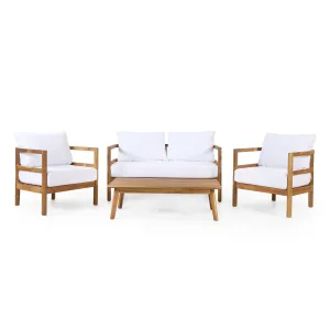 Outdoor Acacia Wood 4-Seater Chat Set with Cushion, Teak and White - NH056513 patio chairs, outdoor seating