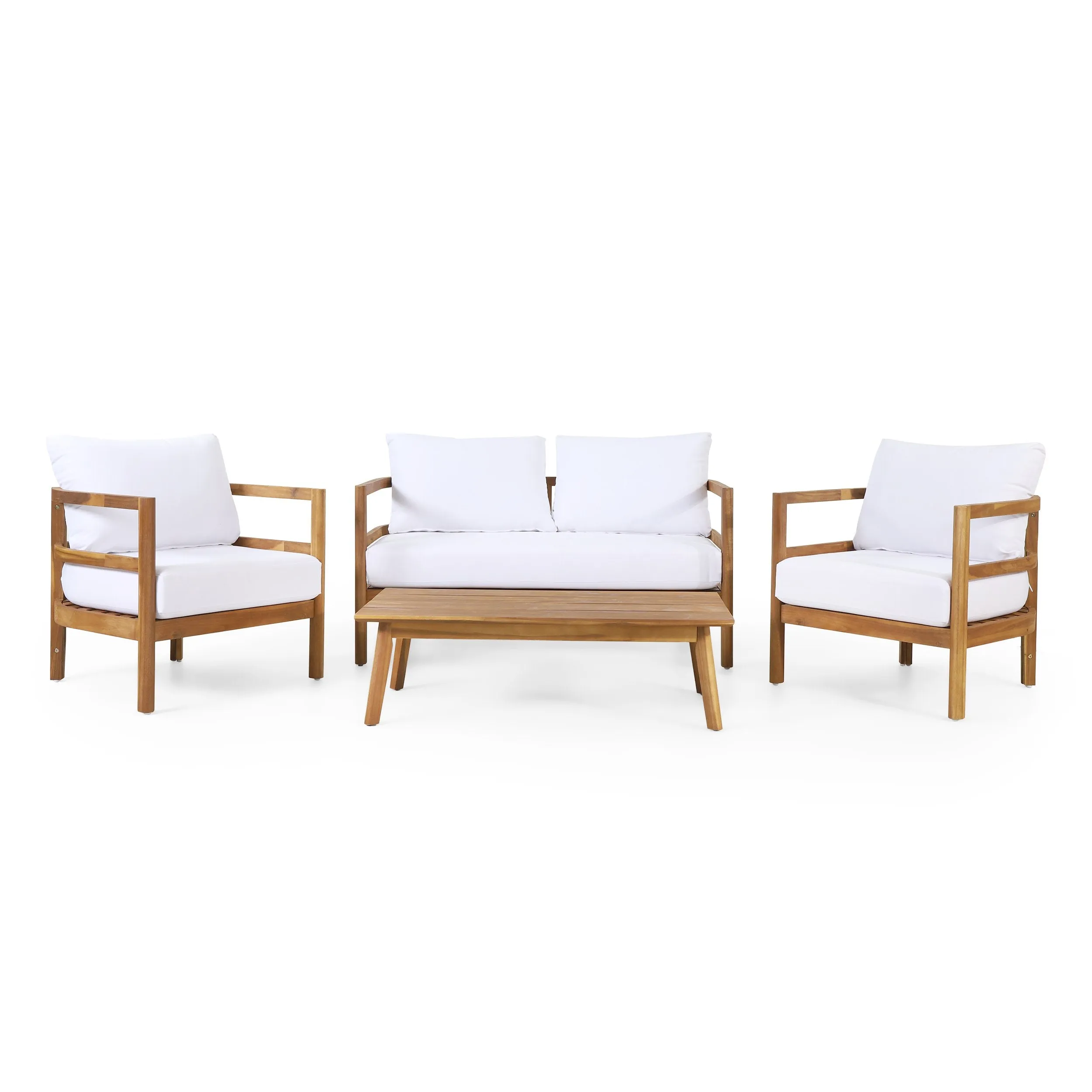 Outdoor Acacia Wood 4-Seater Chat Set with Cushion, Teak and White - NH056513 patio chairs, outdoor seating