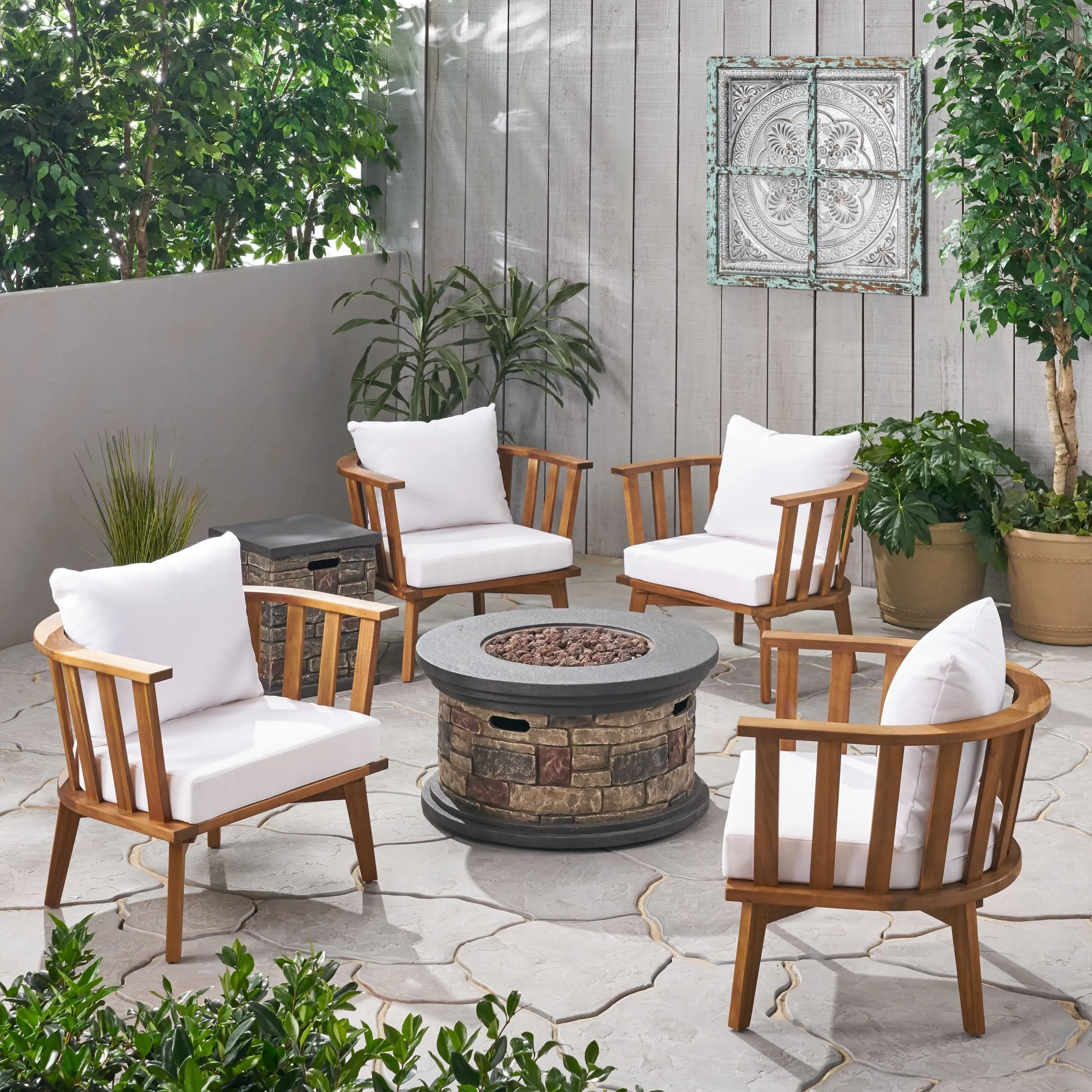 Outdoor Acacia Wood 4 Seater Club Chairs and Fire Pit Set - NH026903 clothes rack, garment rack