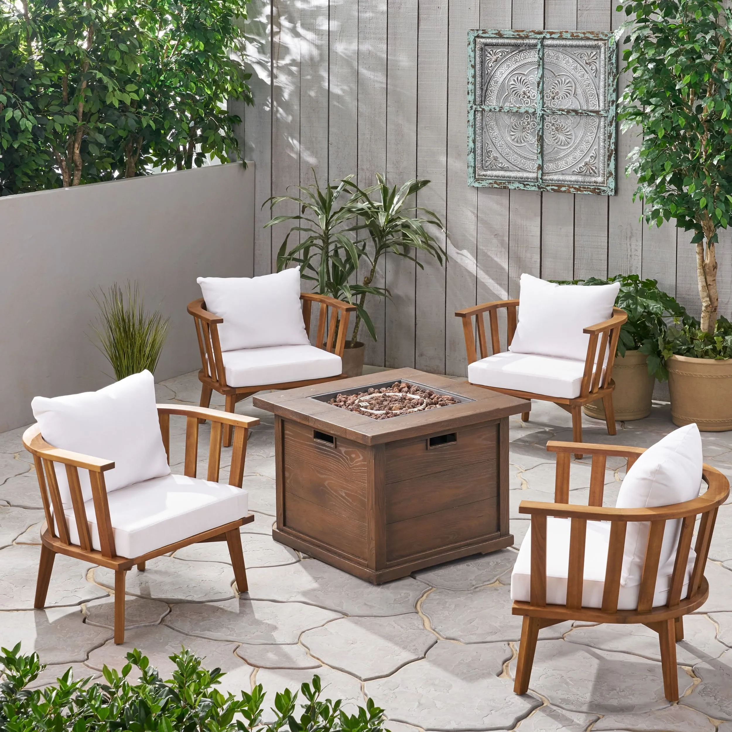Outdoor Acacia Wood 4 Seater Club Chairs and Fire Pit Set - NH136903 clothes rack, garment rack