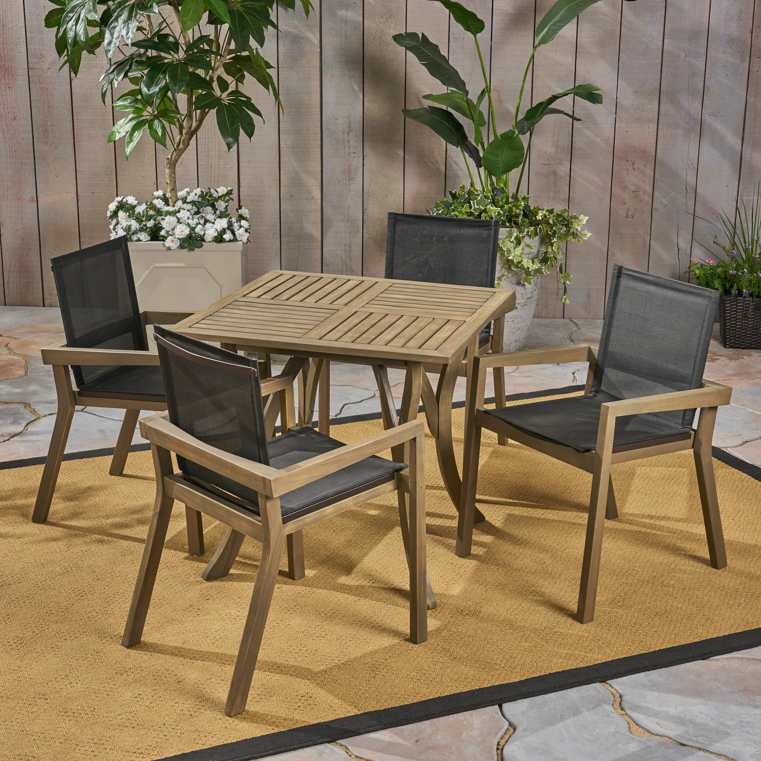 Outdoor Acacia Wood 4 Seater Square Dining Set with Mesh Seats - NH159603