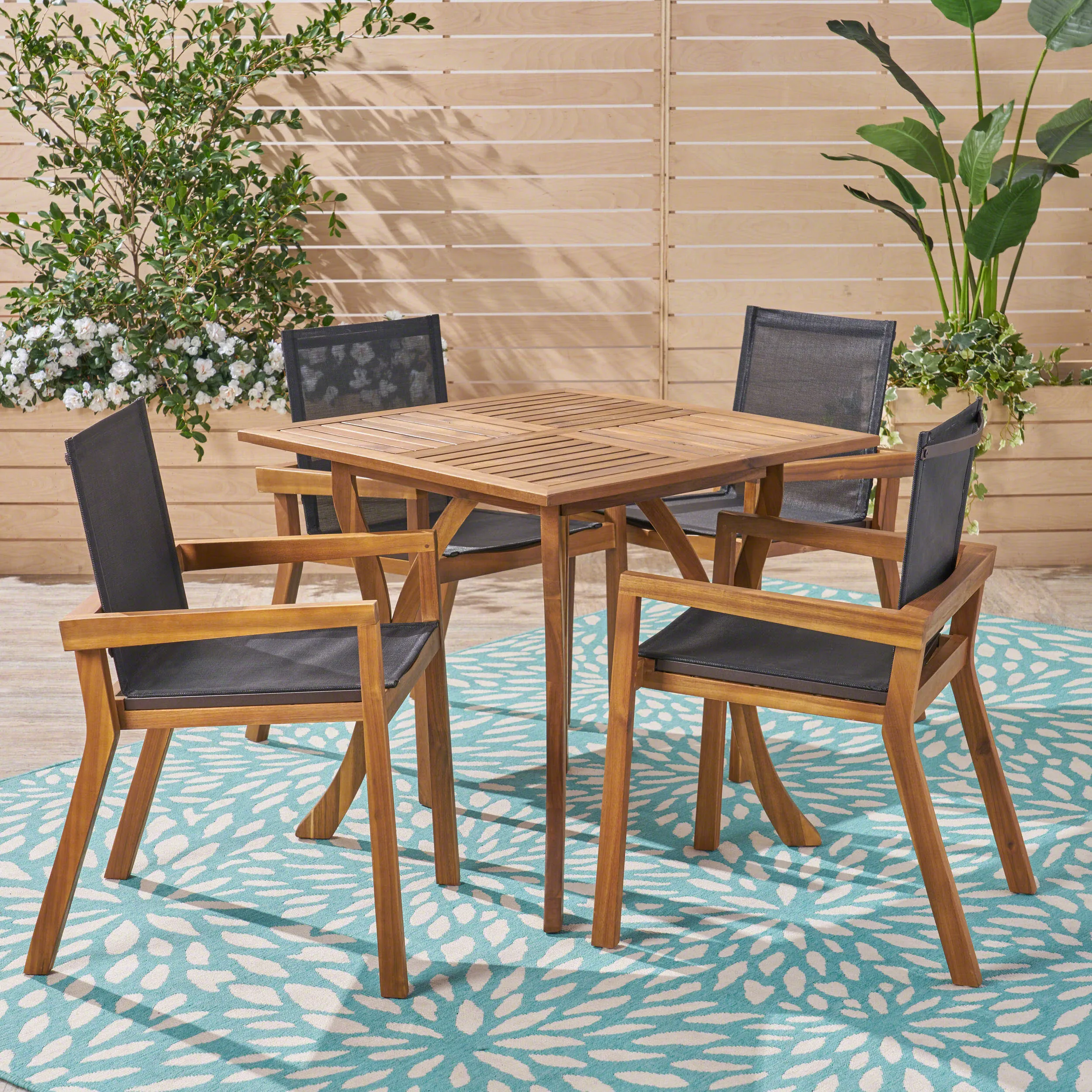 Outdoor Acacia Wood 4 Seater Square Dining Set with Mesh Seats - NH159603 patio chairs, outdoor seating