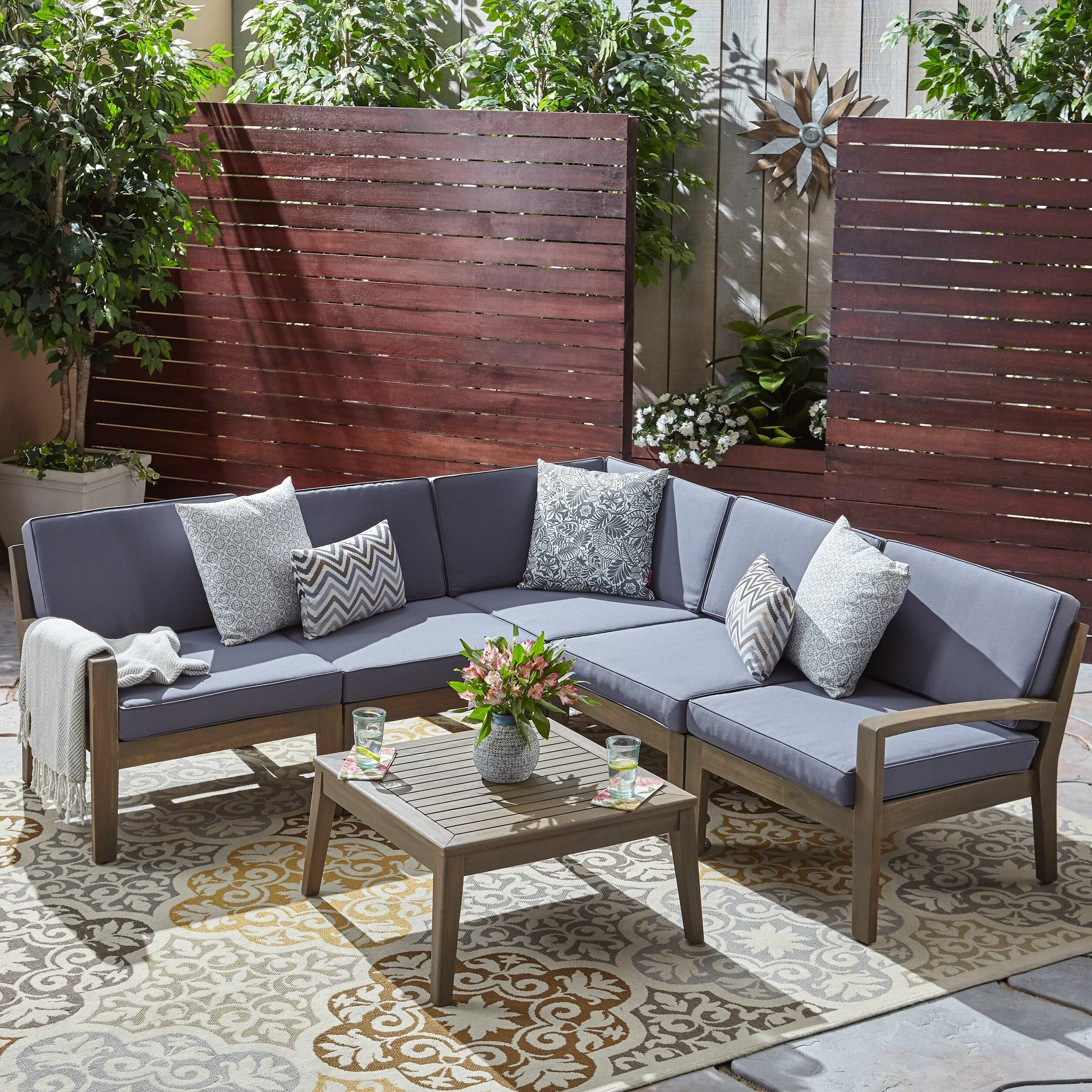 Outdoor Acacia Wood 5 Seater Sectional Sofa Set with Coffee Table - NH245603 patio chairs, outdoor seating