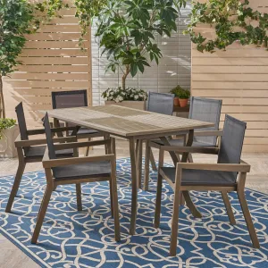 Outdoor Acacia Wood 7 Piece Dining Set with Mesh Seats - NH459603 patio chairs, outdoor seating