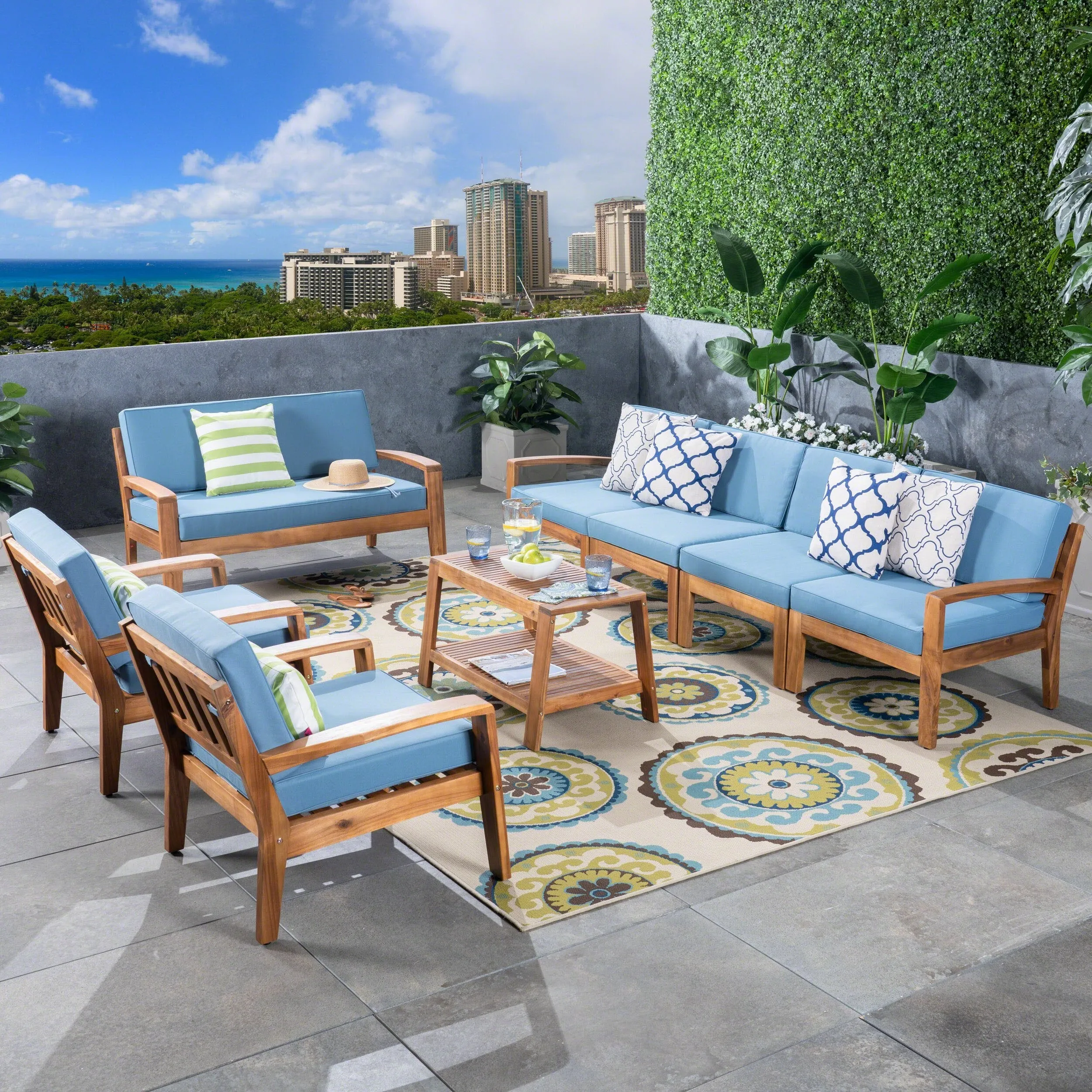 Outdoor Acacia Wood 8 Seater Sectional Chat Set with Coffee Table - NH155603