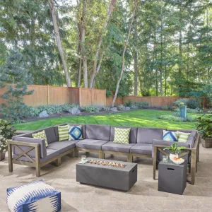 Outdoor Acacia Wood 8 Seater U-Shaped Sectional Sofa Set with Fire Pit - NH057603 patio chairs, outdoor seating