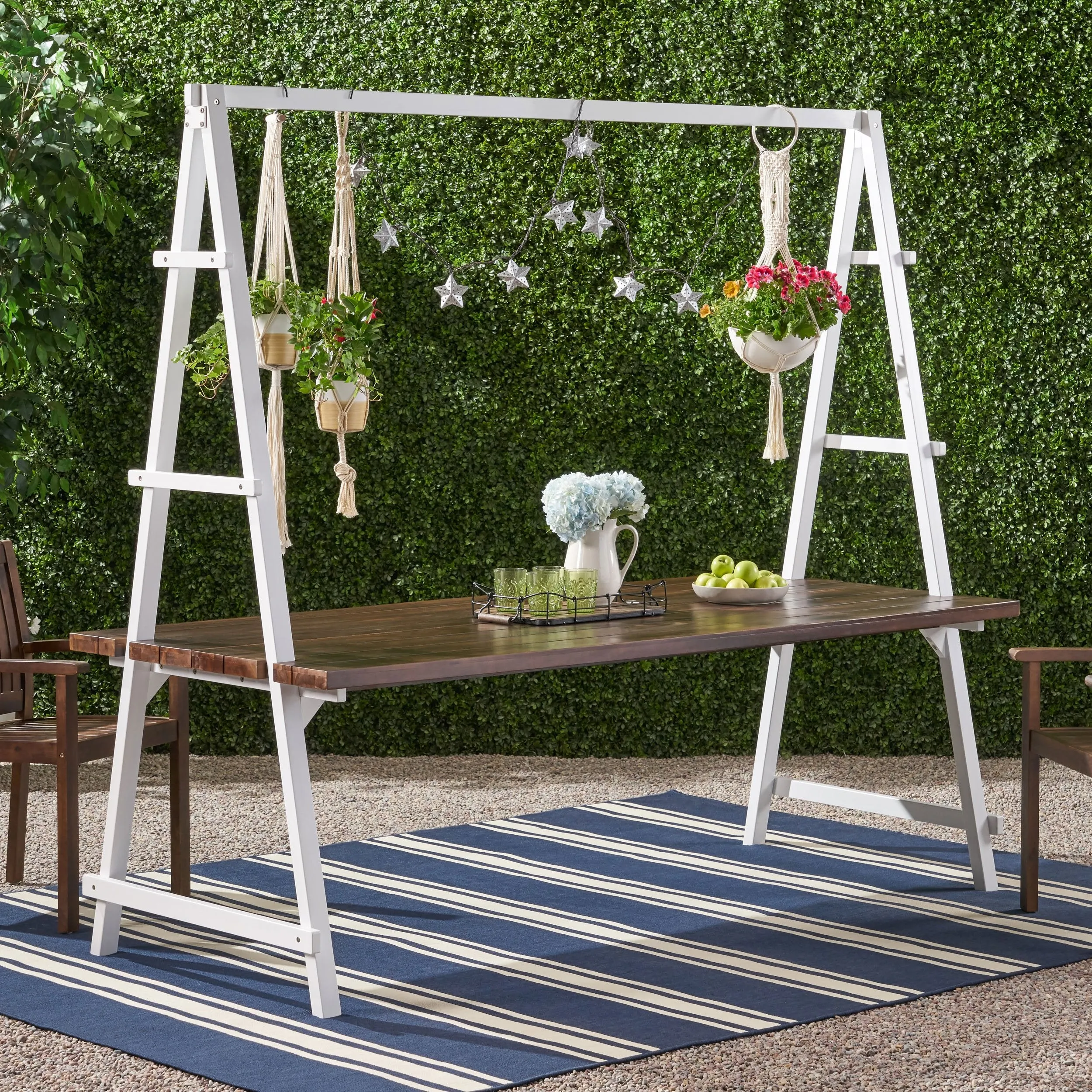 Outdoor Acacia Wood 88.5" Dining Table with Iron Plant Hanger - NH992903 patio chairs, outdoor seating