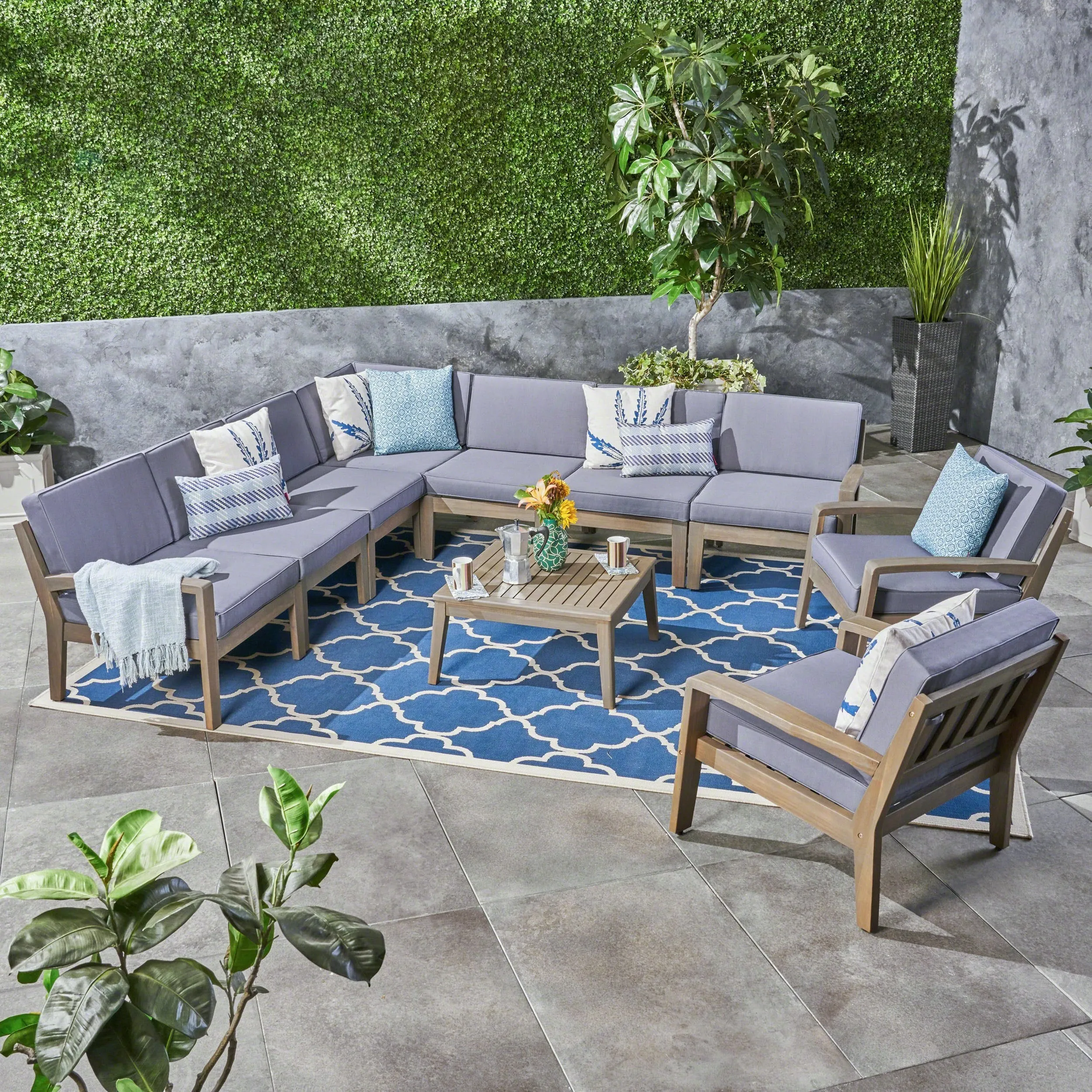 Outdoor Acacia Wood 9 Seater Sectional Sofa and Club Chair Set with Coffee Table - NH755603