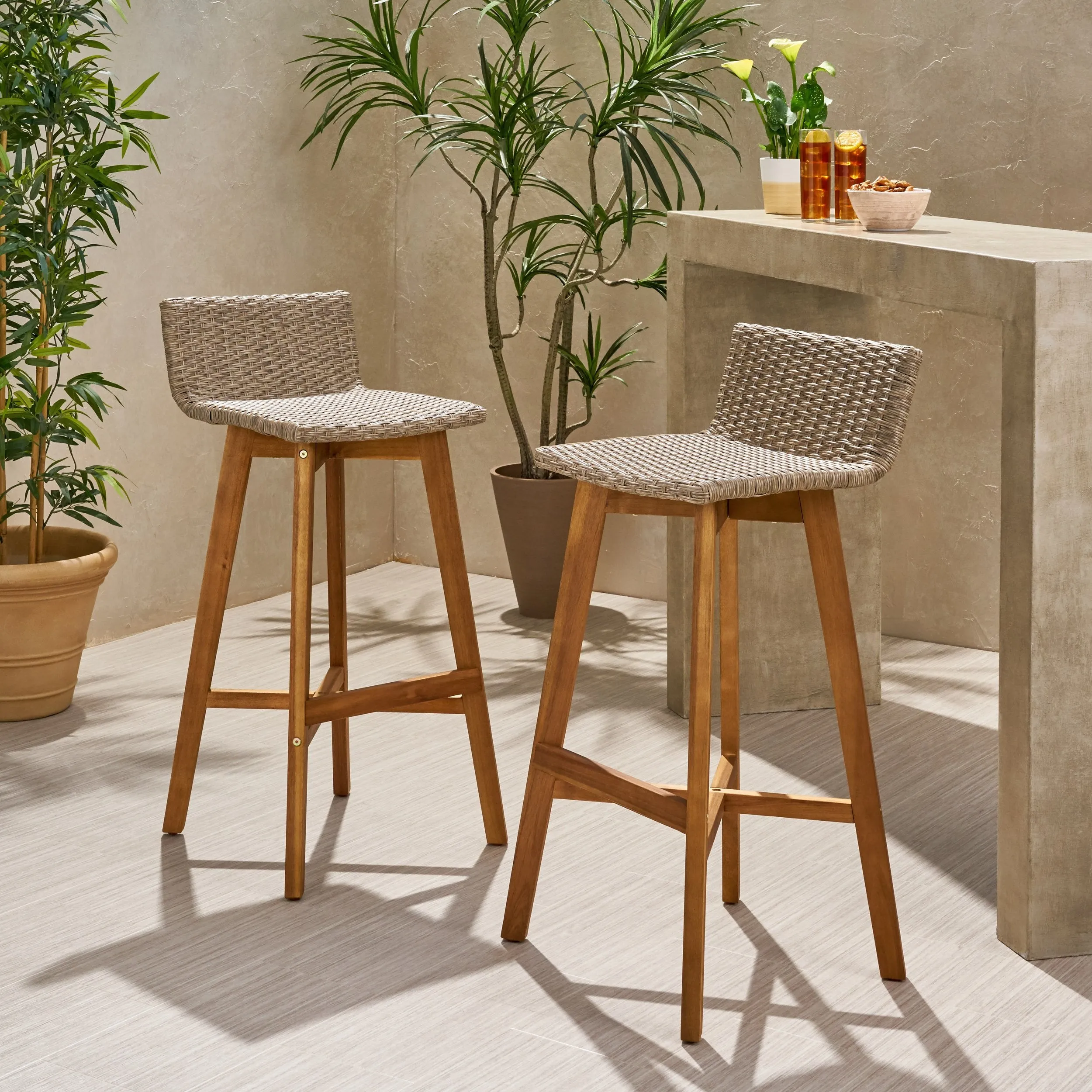 Outdoor Acacia Wood & Wicker Barstools (Set of 2) - NH910013