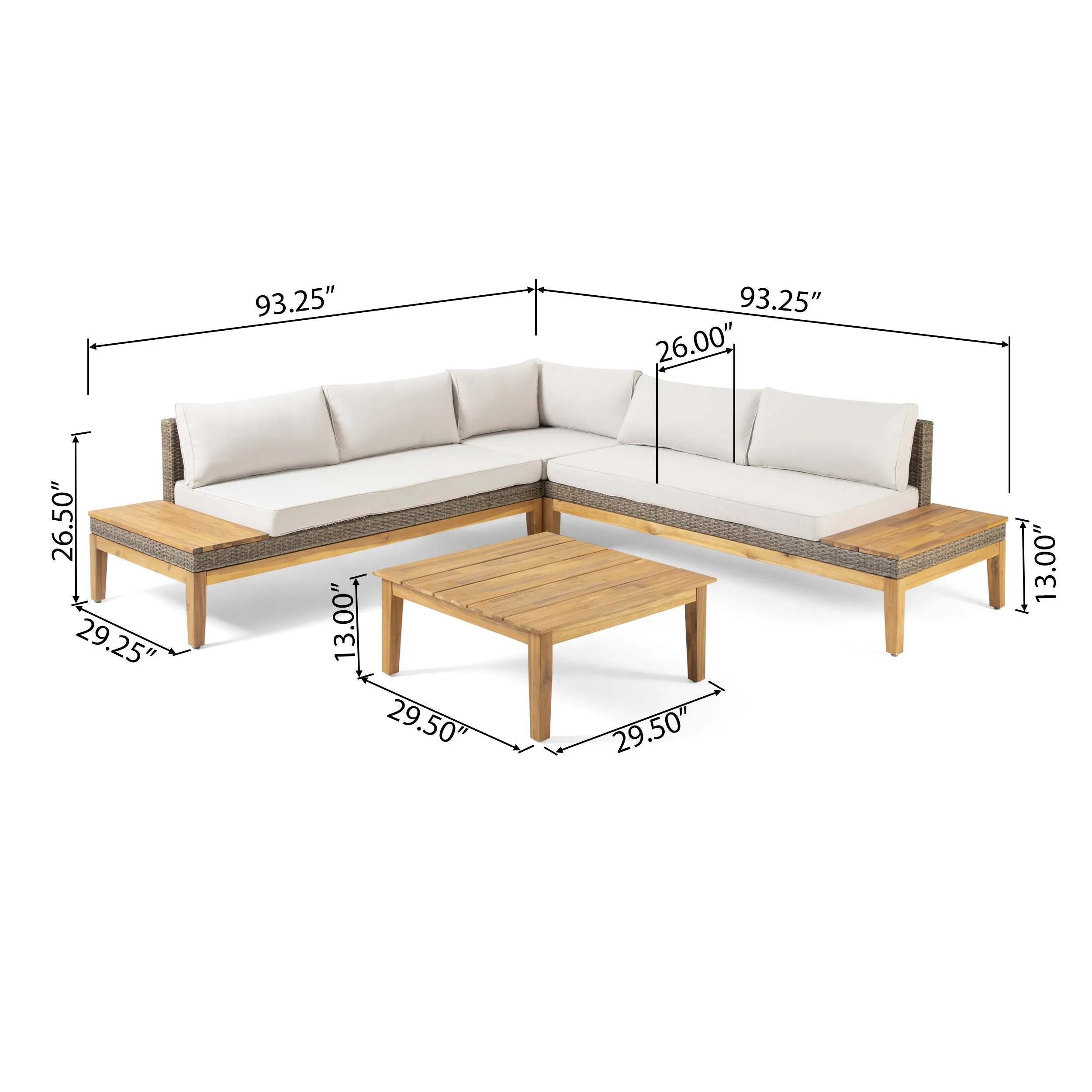 Outdoor Acacia Wood and Wicker 5 Seater Sectional Sofa Set with Water-Resistant Cushions - NH761113