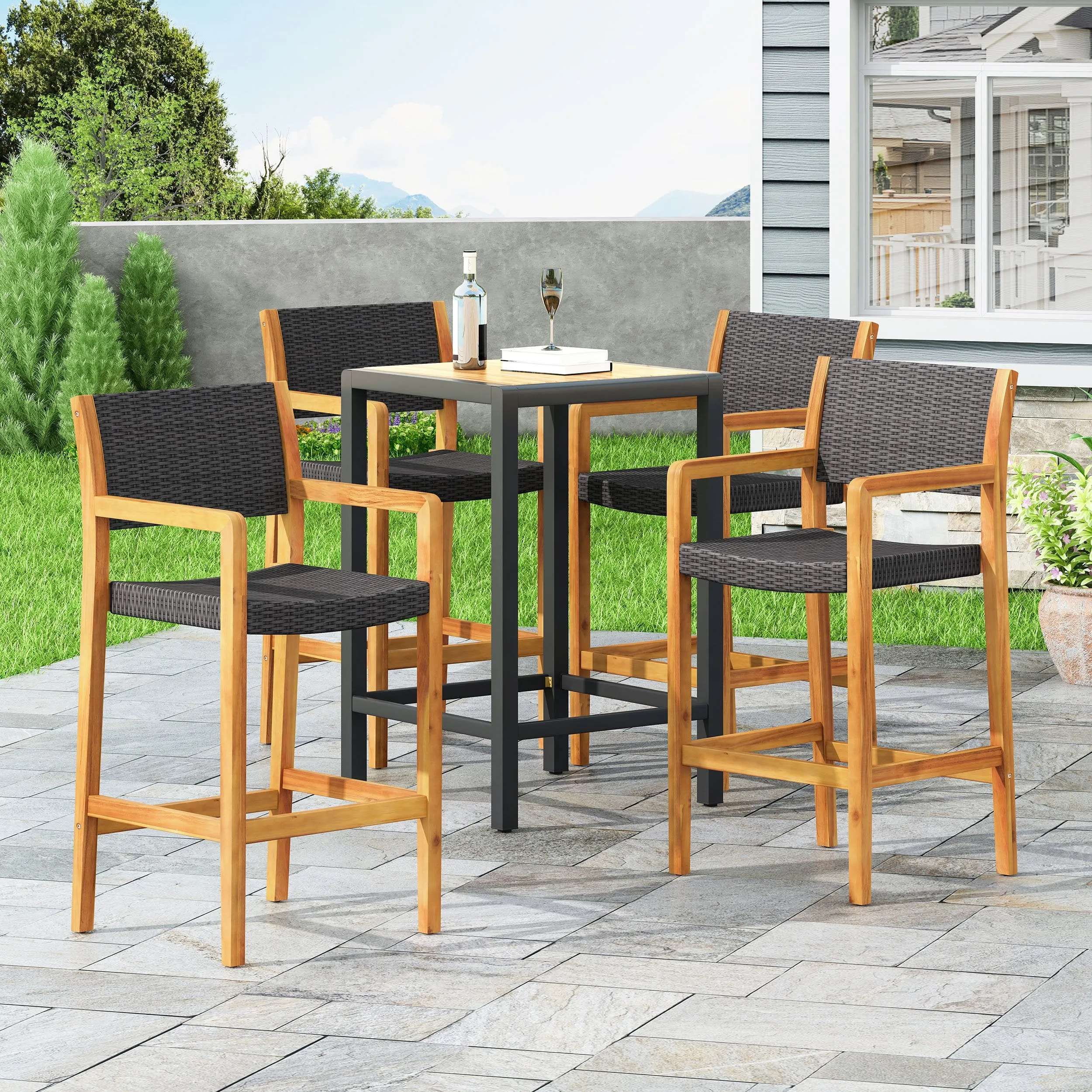 Outdoor Acacia Wood Barstools with Wicker (Set of 4) - NH338213 patio chairs, outdoor seating