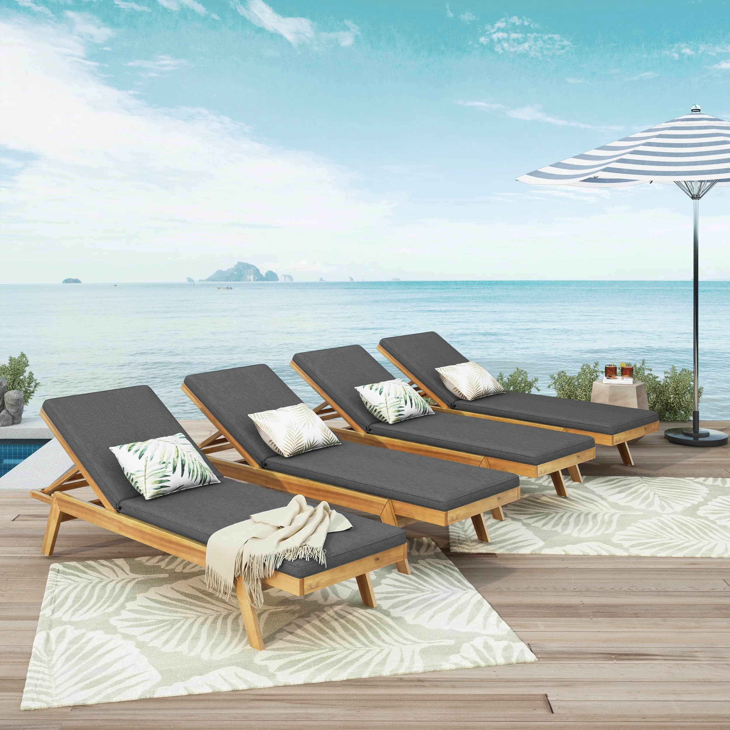 Outdoor Acacia Wood Chaise Lounge with Water Resistant Cushions, Set of 4 - NH848413