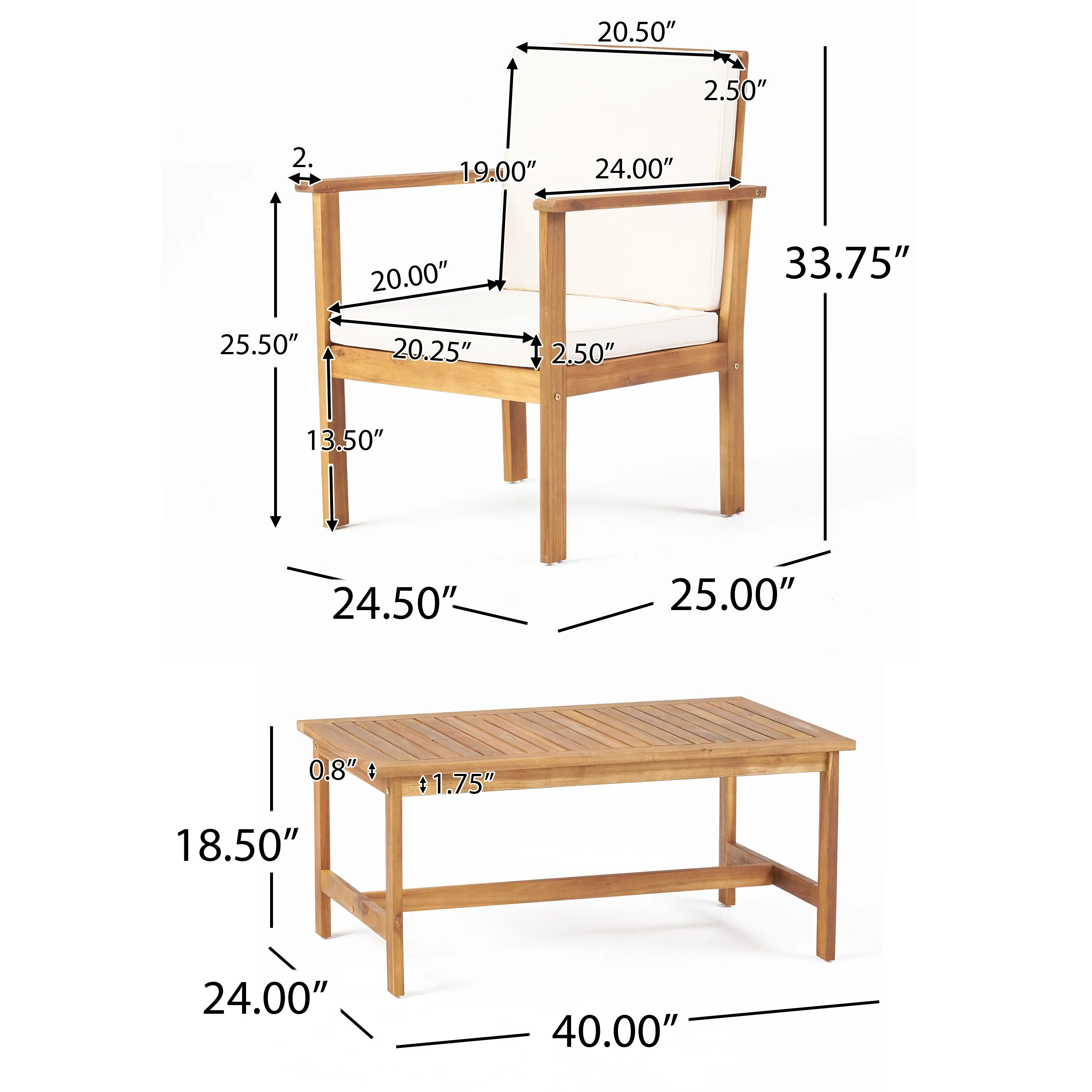 Outdoor Acacia Wood Club Chair and Coffee Table Set with Cushions