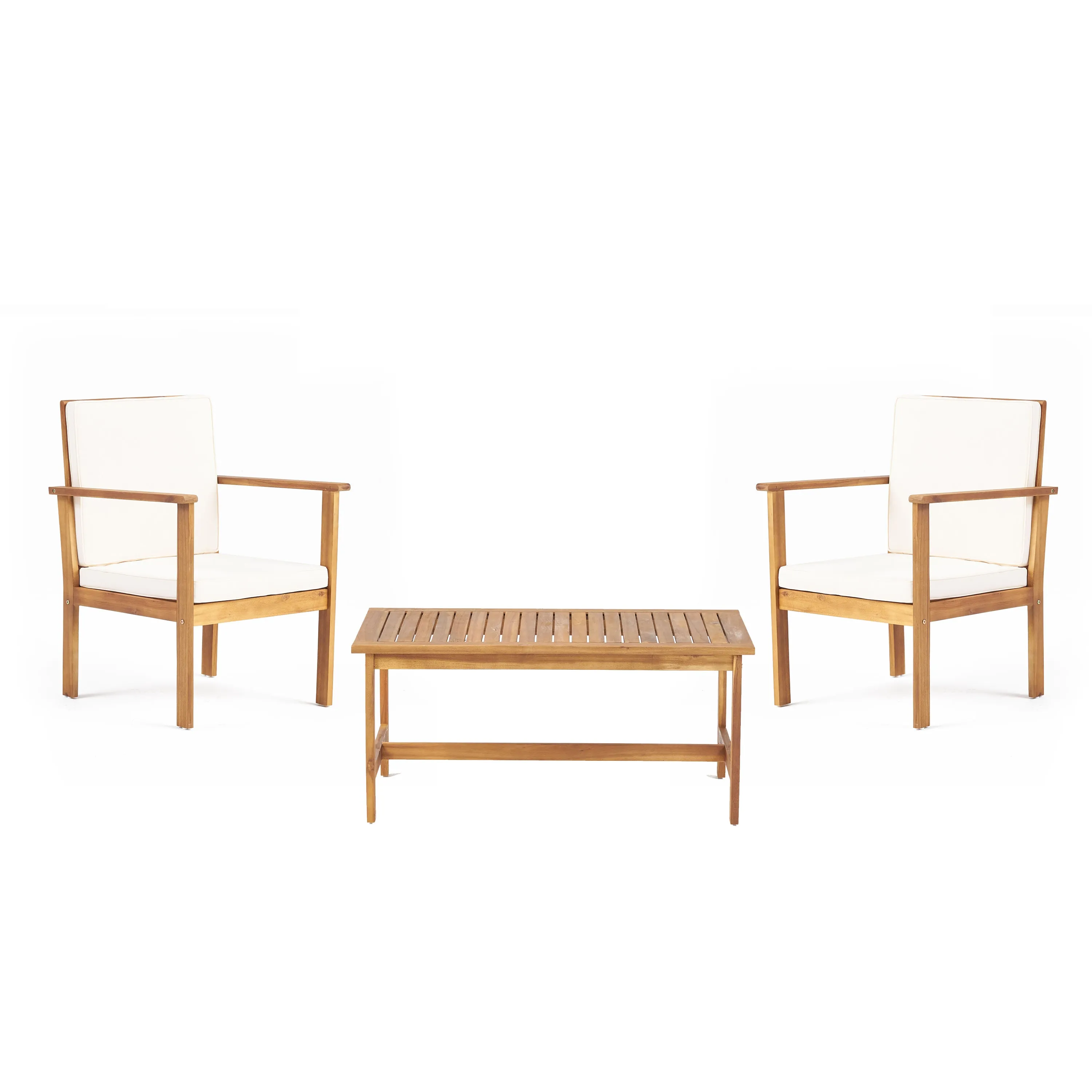 Outdoor Acacia Wood Club Chair and Coffee Table Set with Cushions