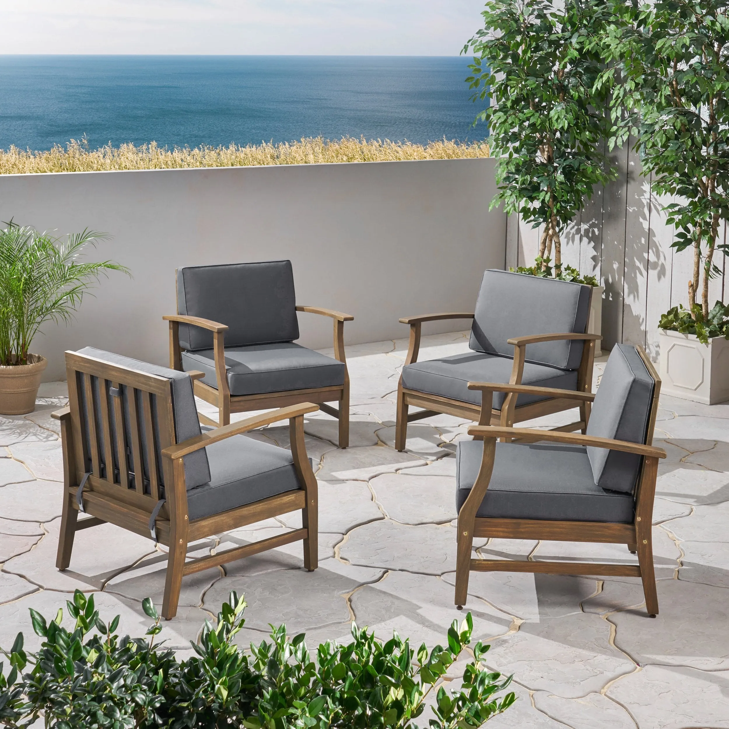 Outdoor Acacia Wood Club Chairs with Cushions - NH397703