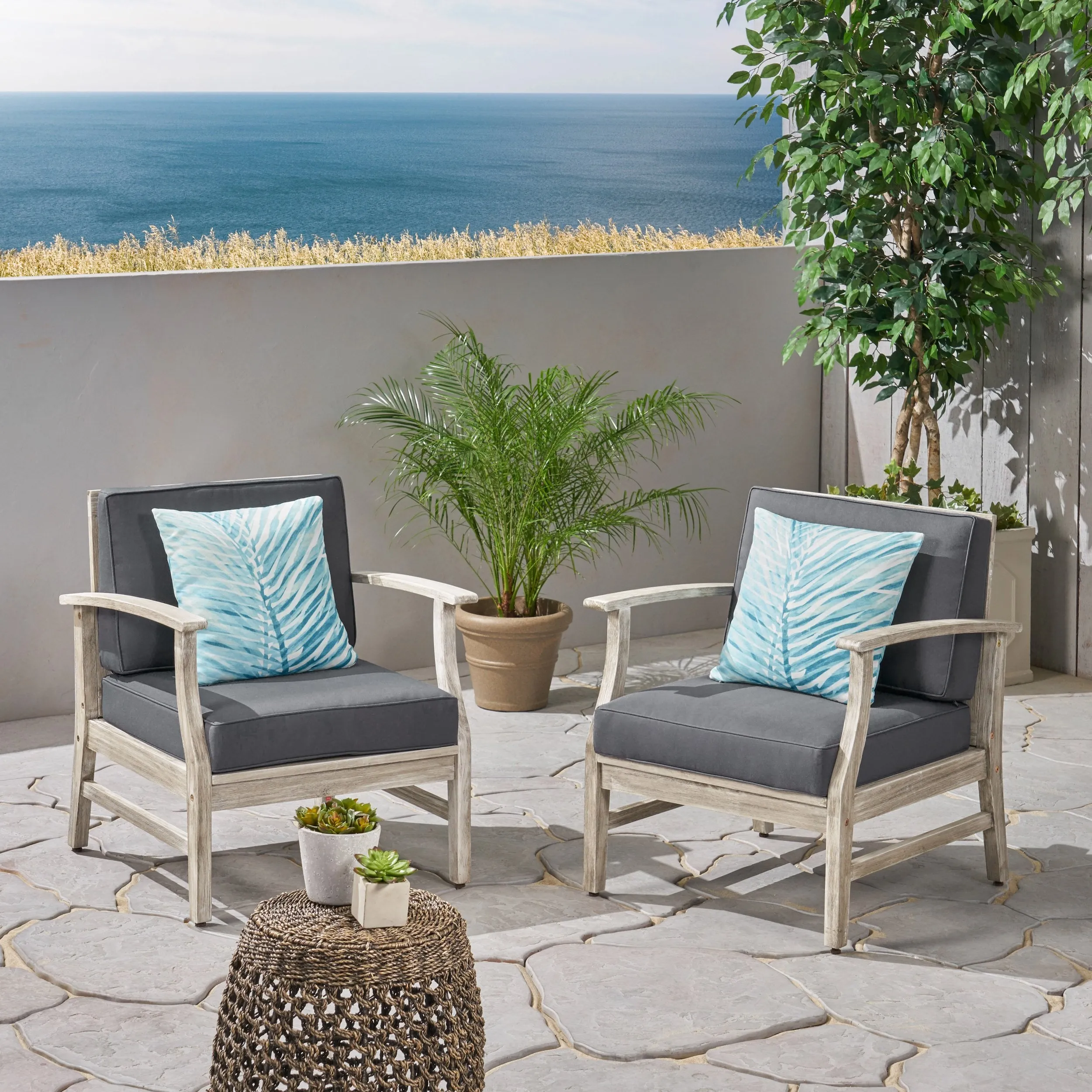 Outdoor Acacia Wood Club Chairs with Cushions (Set of 2), Light Gray and Dark Gray - NH803803 chandelier, pendant light