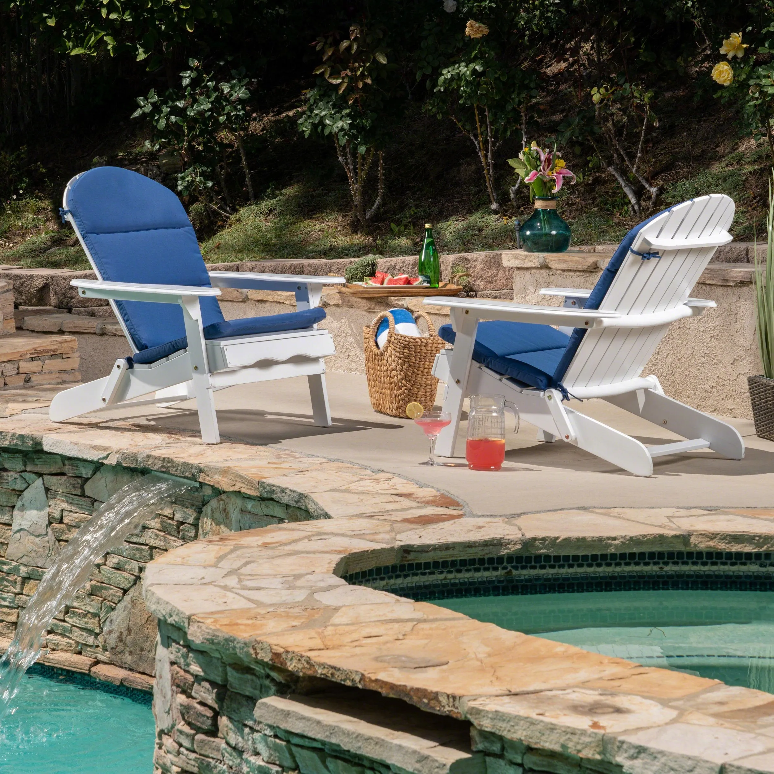 Outdoor Acacia Wood Folding Adirondack Chairs with Cushions - NH916403