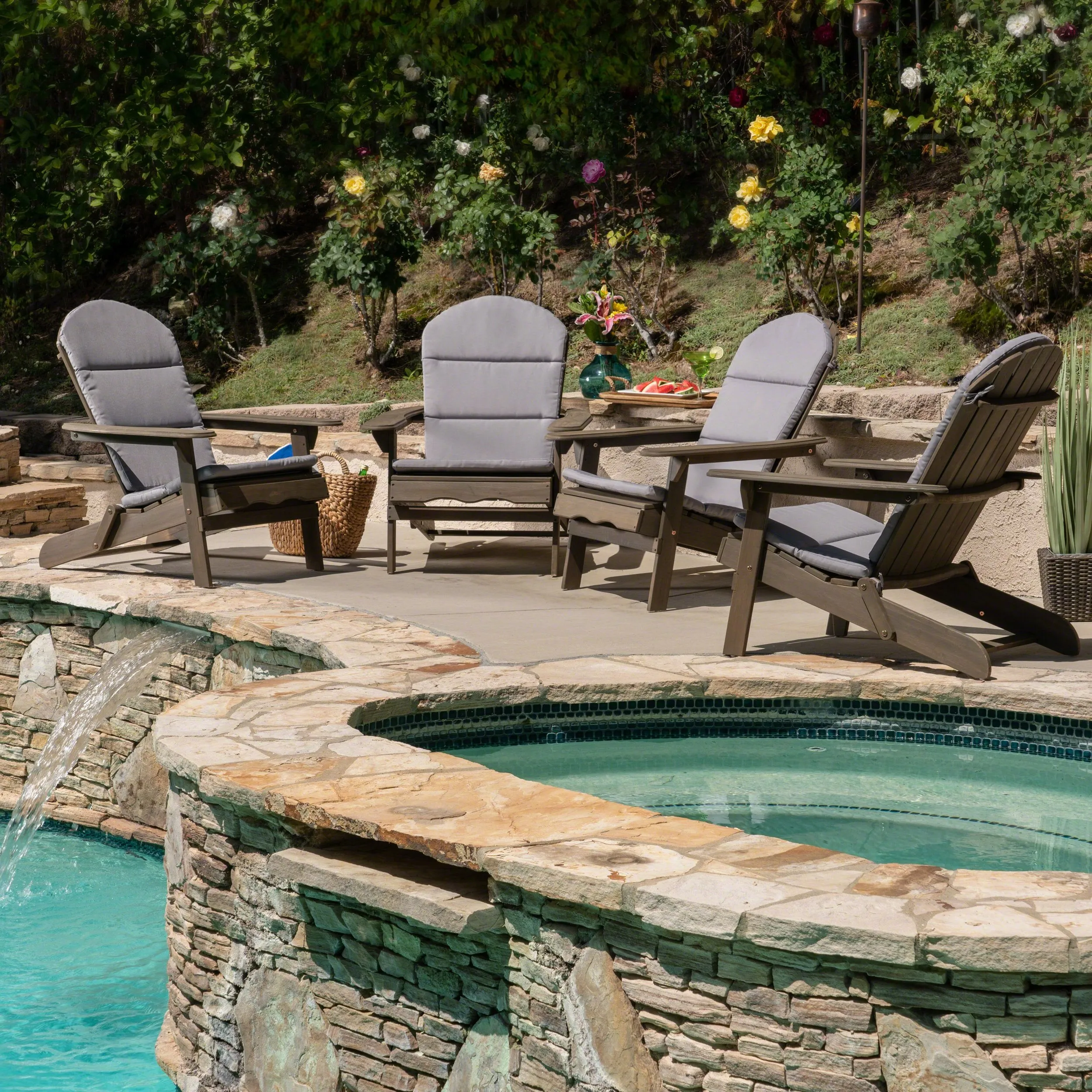 Outdoor Acacia Wood Folding Adirondack Chairs with Cushions - NH916403