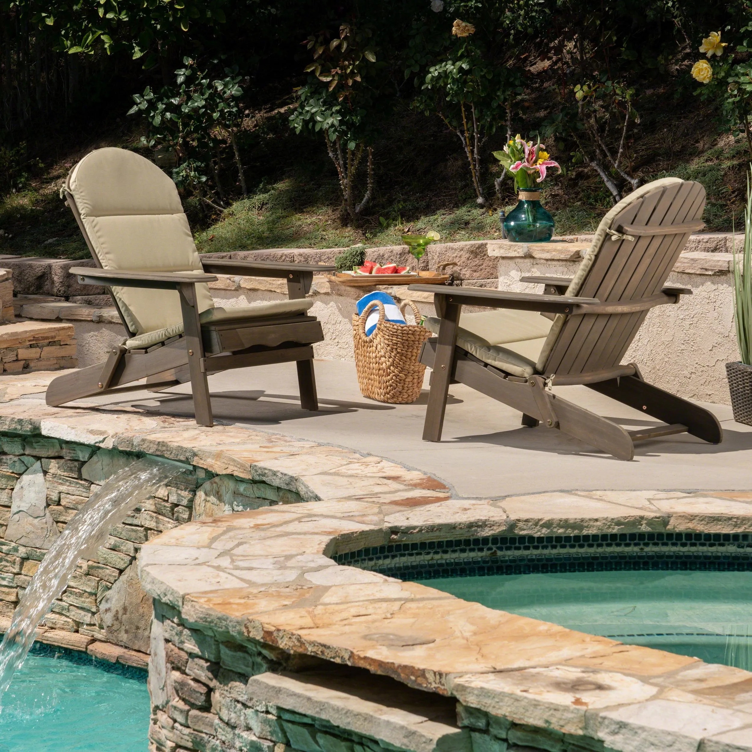 Outdoor Acacia Wood Folding Adirondack Chairs with Cushions - NH916403