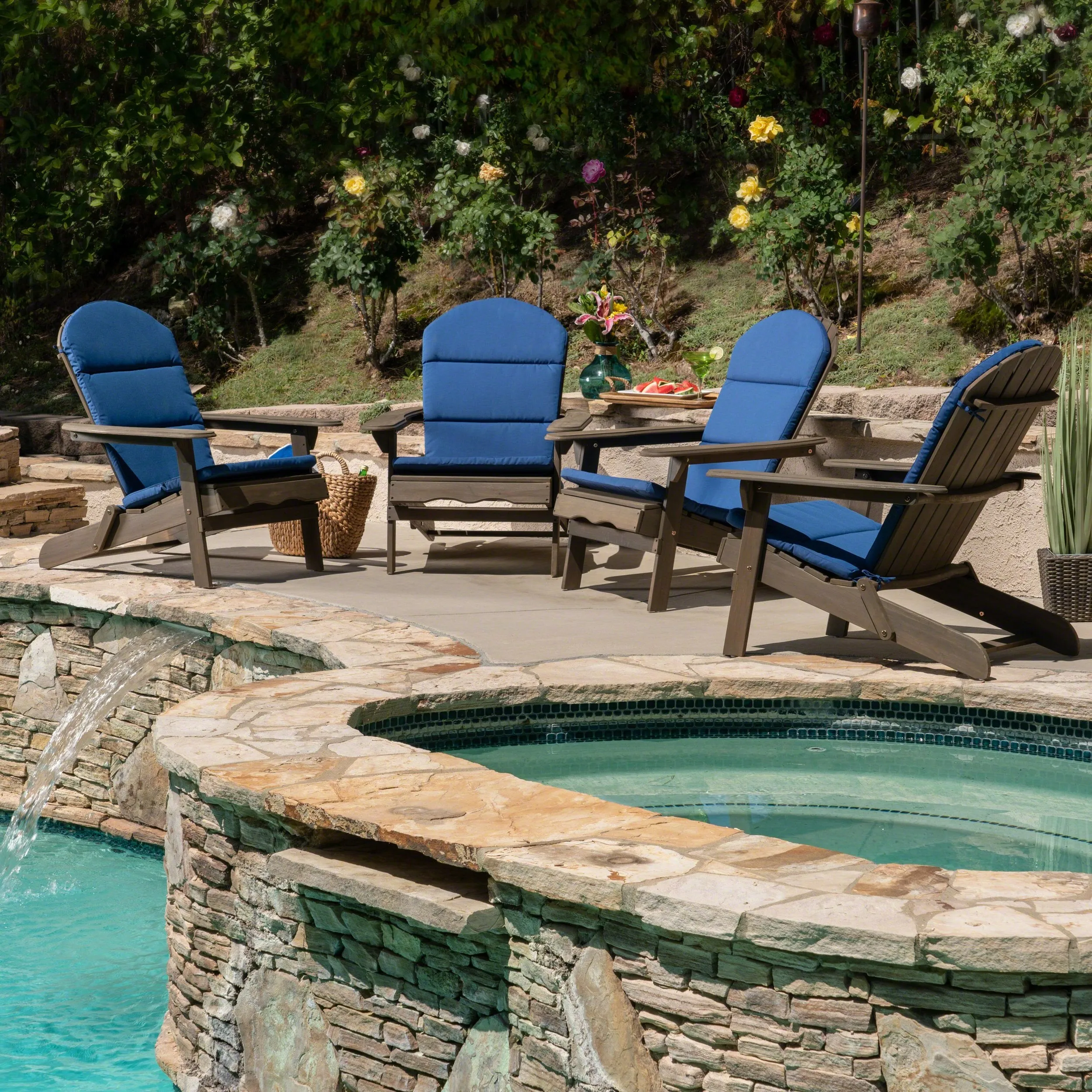 Outdoor Acacia Wood Folding Adirondack Chairs with Cushions - NH916403